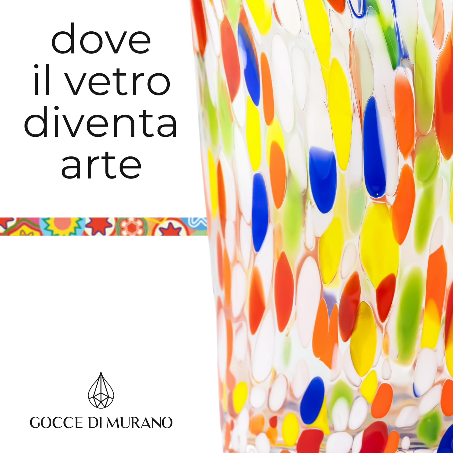 Gocce di Murano 2 Bicchieri Acqua Lavorati Secondo la Tradizione degli Artigiani di Murano, Bicchiere Soffiato e Lavorato a Mano 300 ml - Bicchieri Acqua Vetro Arcobaleno Pioggia
