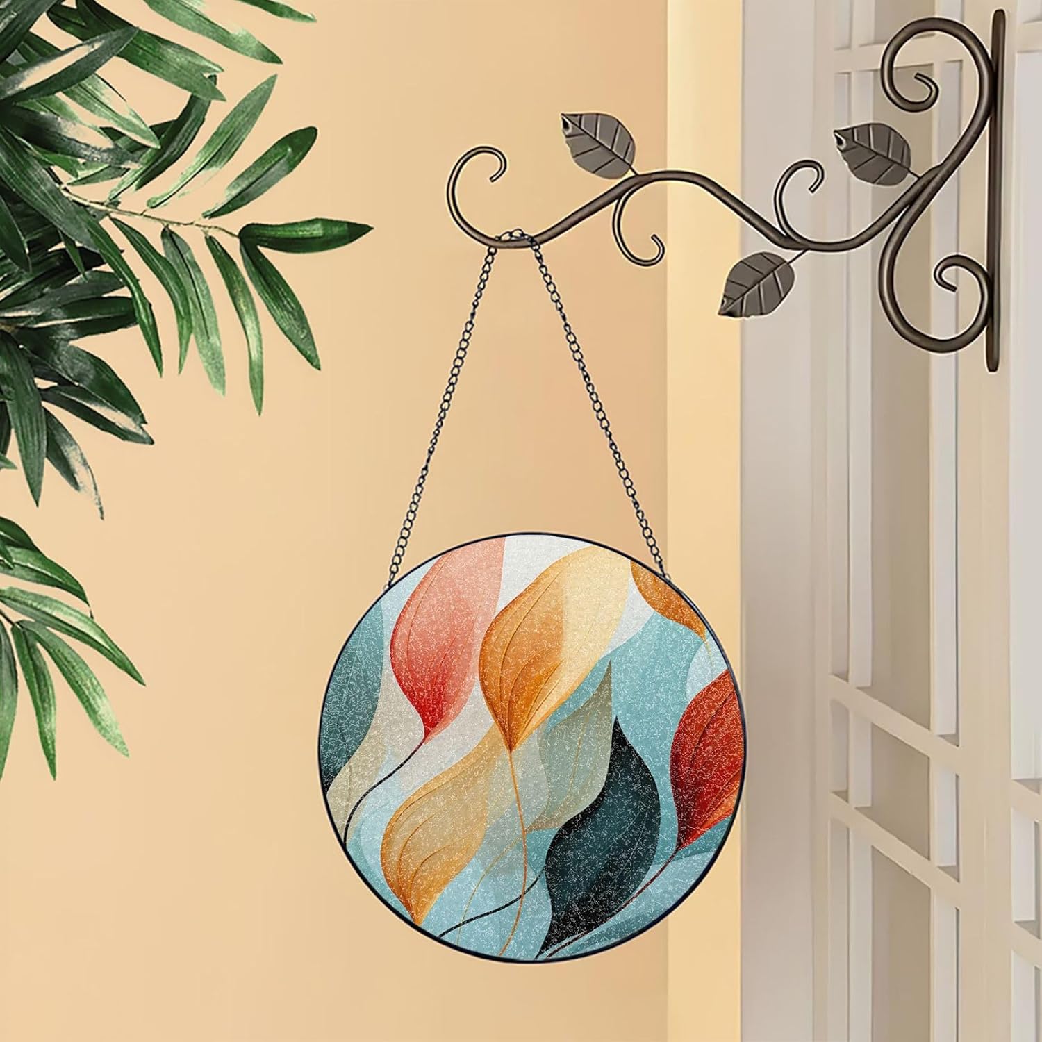 Stained Glass Window Hanging 6in（15cm）, Mid-Century Modern Style Glass Suncatcher for Home Decor, Indoor Wall Art Glass Panel with Metal Chain and Hooks, Sun Catcher Ornament Birthday Gifts