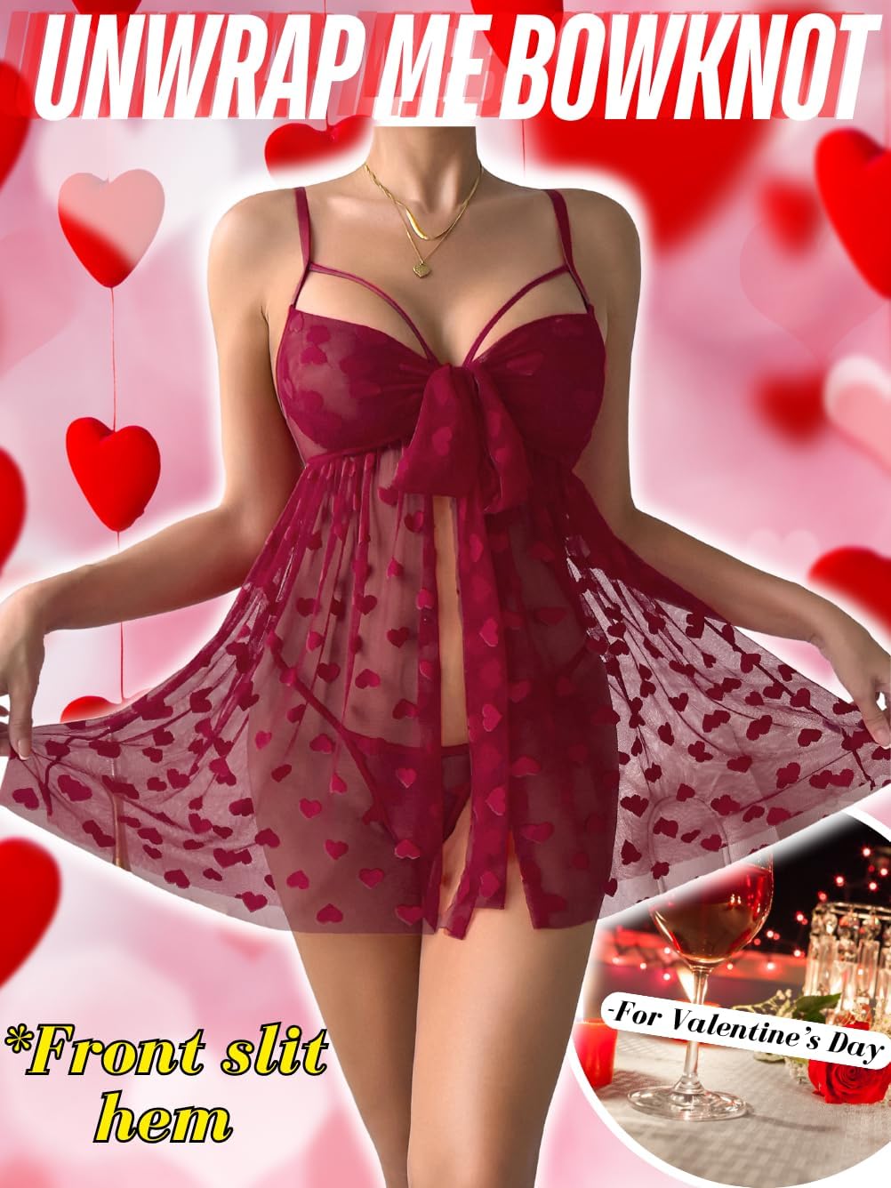 EHSUYAB Christmas Lingerie For Women Sexy Gift, Unwrap Me Bow Heart Flowy Babydoll Valentines, Sheer Mesh Sleepwear Exotic