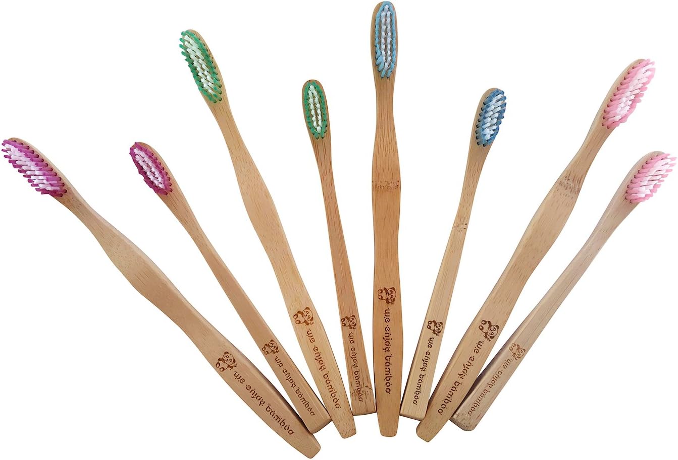 Natural Organic Eco Friendly Bamboo Toothbrush Family Pack, Adult MEDIUM and Kids SOFT, 100% Plastic Free & Biodegradable Packaging, Family Set (4 Adult & 4 Kids)