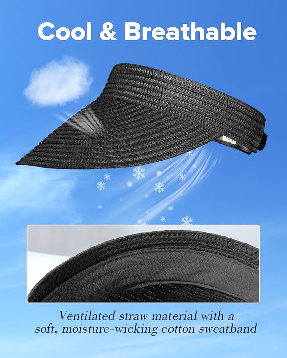 EW EastWater Beach Sun Visor Hats for Women, Wide Brim UPF50+ Sun Protection Straw Hat Packable Foldable for Summer