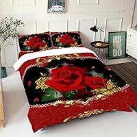 Vista 2 de AILONEN Juego de funda de edredón de rosas rojas tamaño Queen, juego de ropa de cama 3D con rosas rojas aceitadas para niñas, funda de edredón