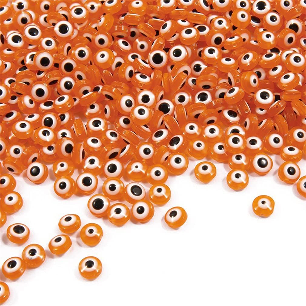 200 Pieces Flat Round Orange Evil Eye Beads Handmade Resin Lampwork Beads 8mm Charms Spacer Beads for Bracelets Necklace Jewelry Craft Making(Orange)