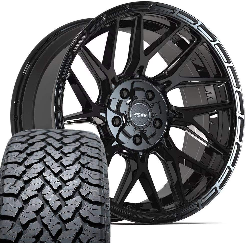 4PLAY Wheels 4PS28 20 Inch Rims and Tires Fit 5x127 & 5x139.7 20x9 Gloss Black Brushed with Tinted Clear - TS-37 AT 275/55-20 (Set of 5)