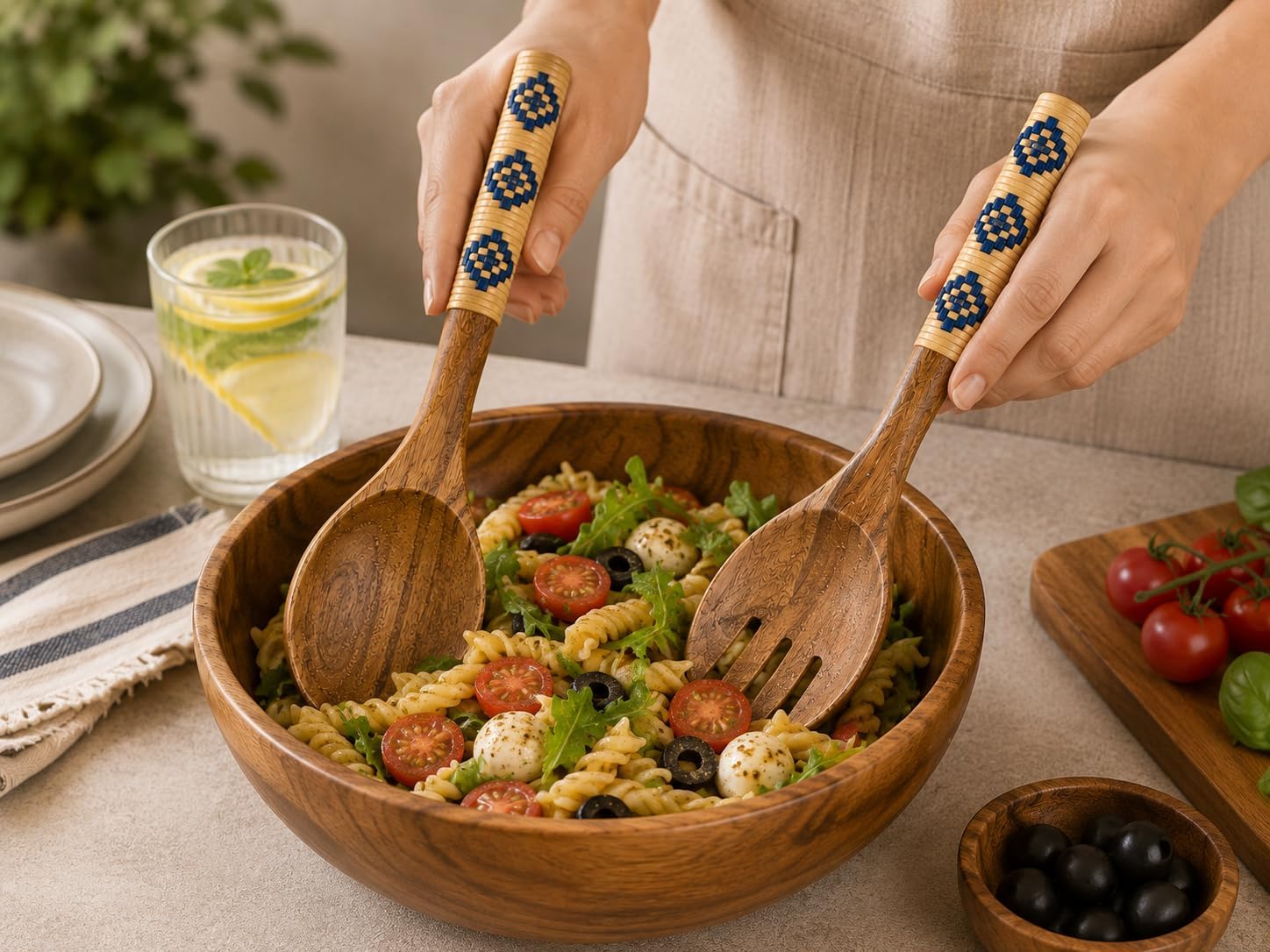 Handmade Acacia Wood Salad Server Set with Handwoven Rattan Handles – Wooden Serving Spoon & Fork Utensils for Salad, Pasta, Fruit & Kitchen Serving.