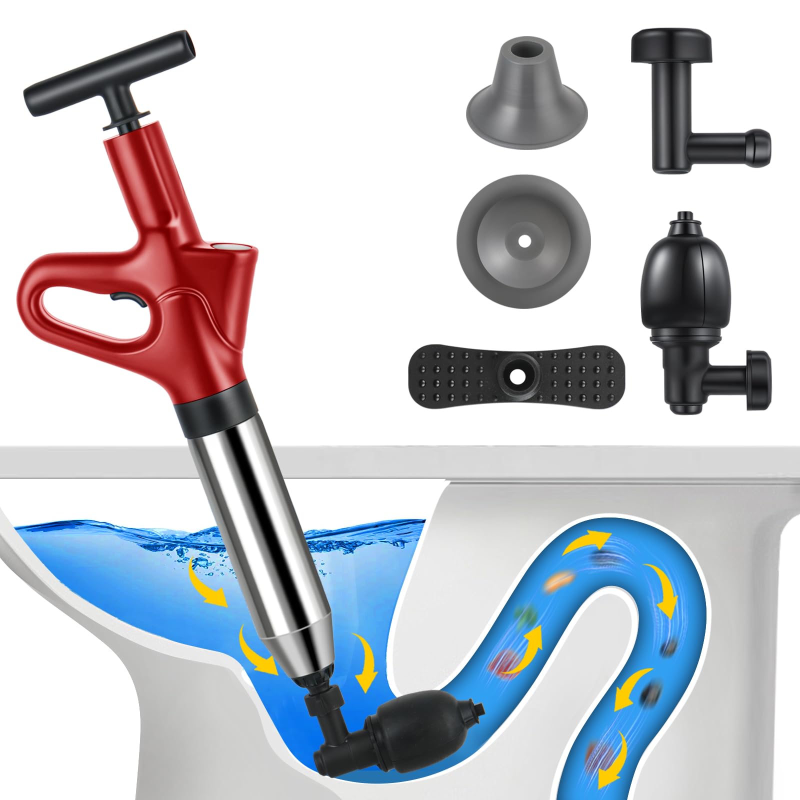 Deboucheur WC Puissant, Deboucheur Toilette Avec BaromèTre, Pompe Deboucheur Canalisation avec Quatre Ventouses,pour Lavabos, Siphons de Sol, Toilettes, Obstruction de Tuyaux (Rot)