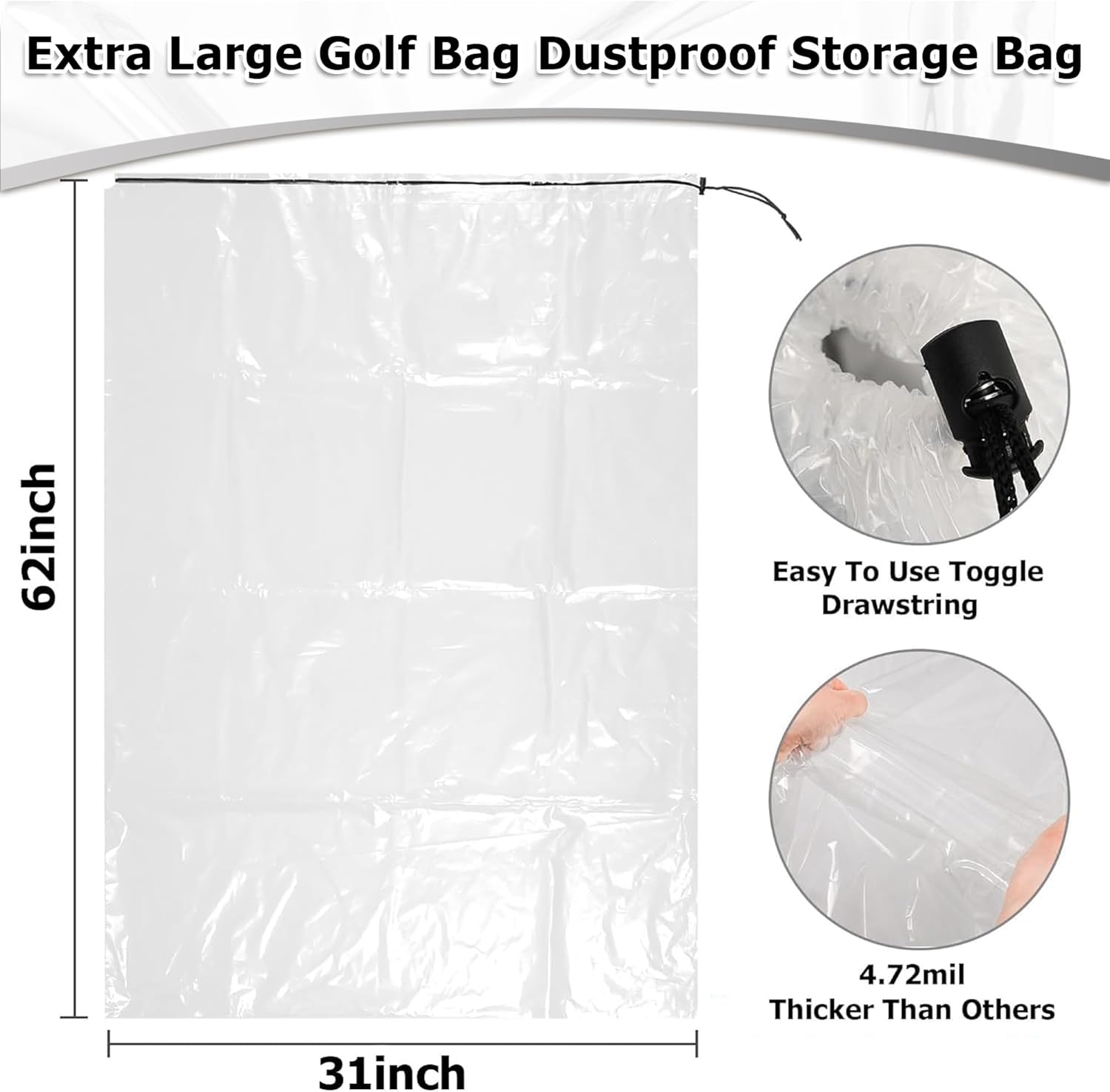 2 Pack Golf Bag Covers, 31” x 62” Extra Large Clear Drawstring Dust Covers, Thick Plastic Golf Storage Bags for Organizing & Protection, Reusable