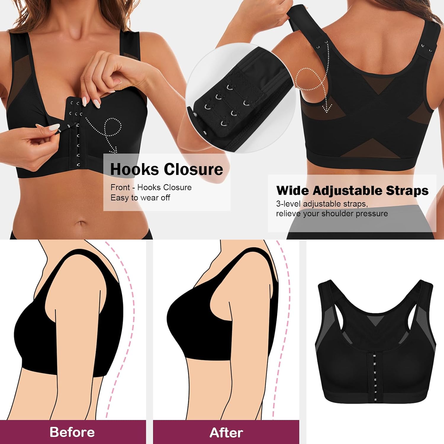 Women's Front Closure Posture Corrector Bra Wireless Back Support Bras for Women Comfy Unlined with Nipple Covers - Image 6