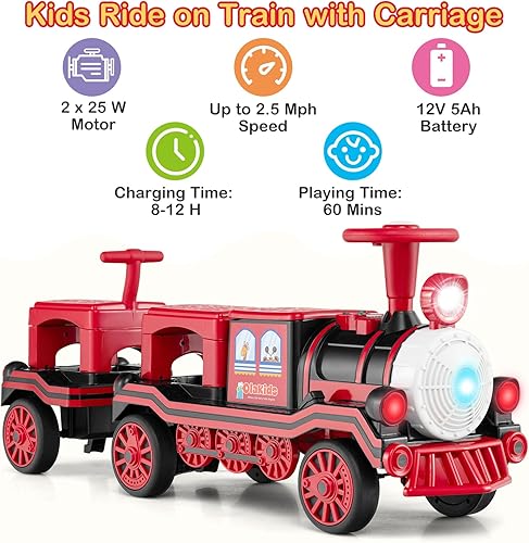 Miniatura 5 de OLAKIDS Tren de paseo para niños de 3 plazas con carruaje sin rieles, juguete eléctrico de 12 V con silbato de tren, música, luces LED, 2