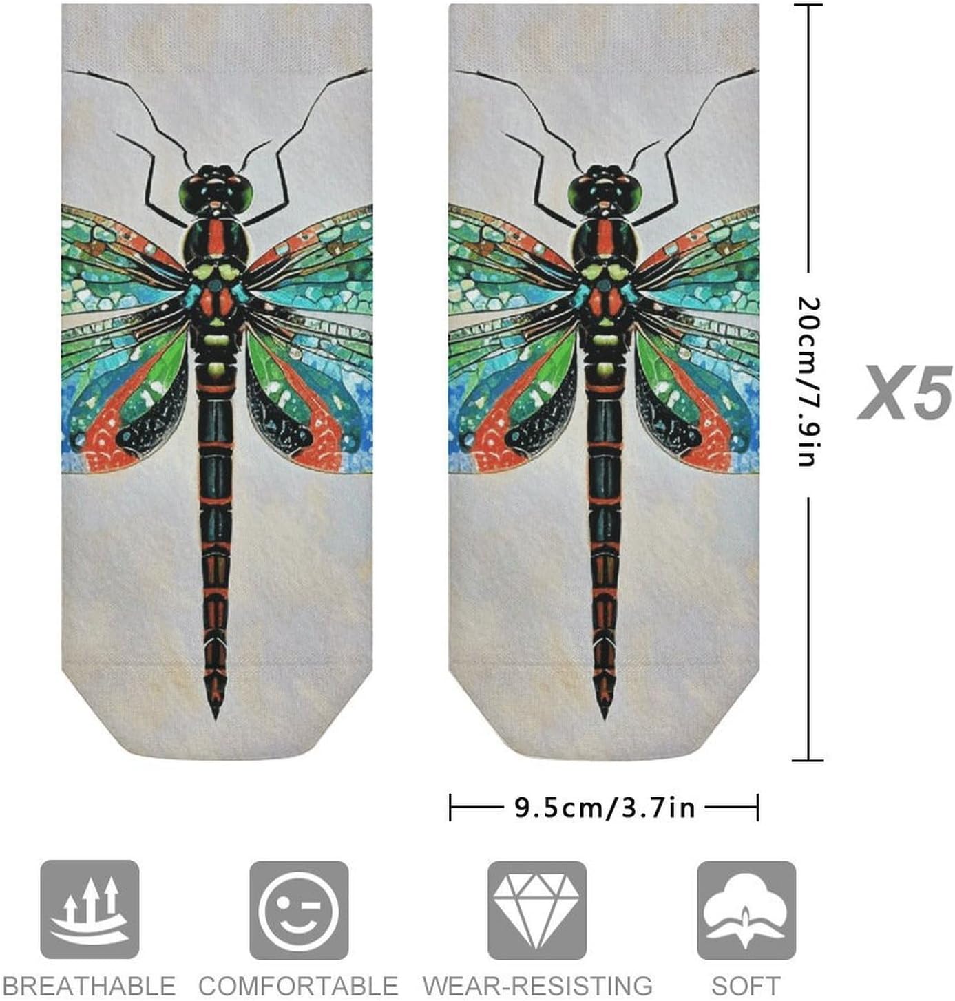 5 Pairs Socks, No Show, Casual Breathable, Dragonfly image 4