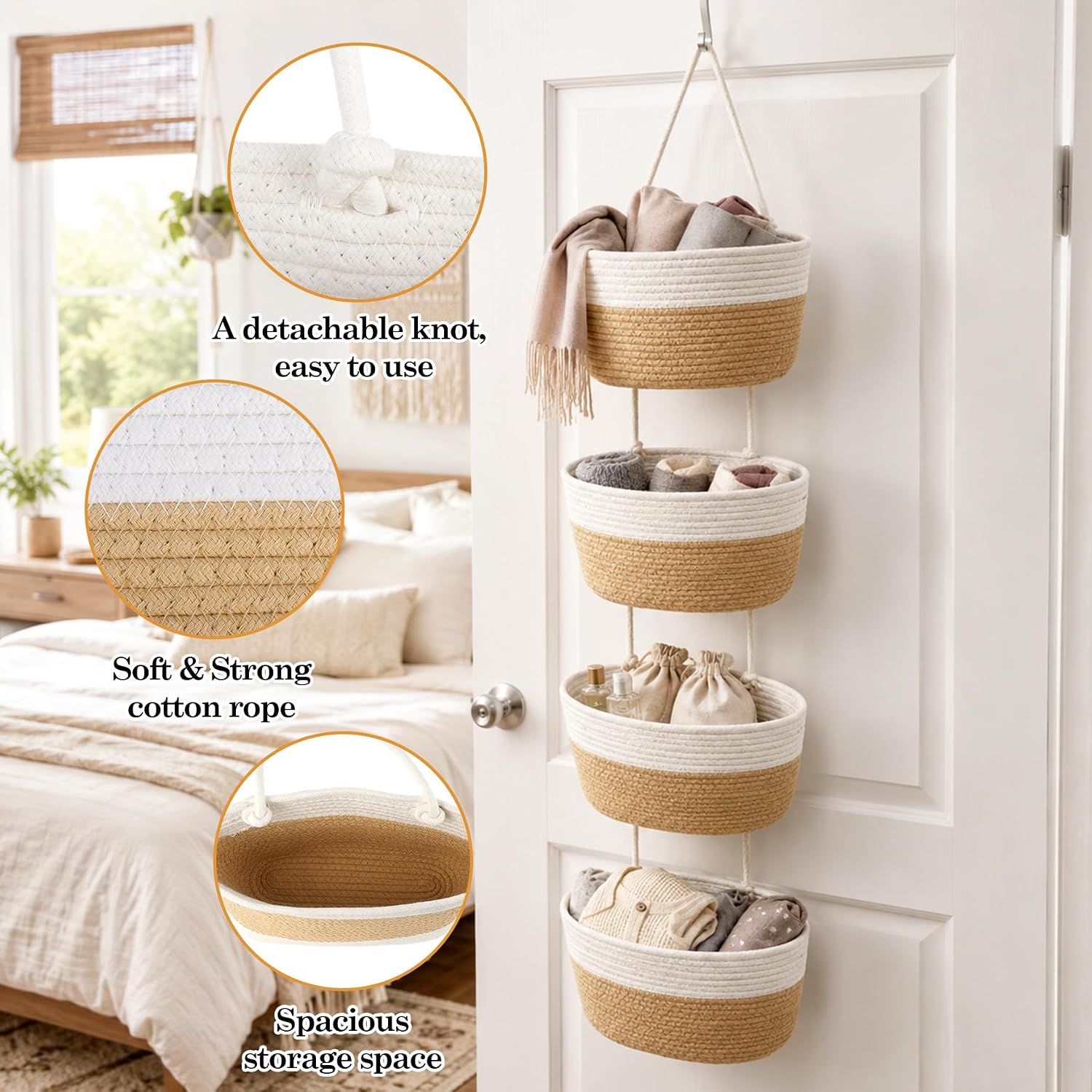 Klmnop 4-Tier Over The Door Hanging Baskets, Wall Mounted Cotton Basket Organizer with Hook, Woven Boho Hanging Basket for Bedroom Bathroom Pantry, Jute & White