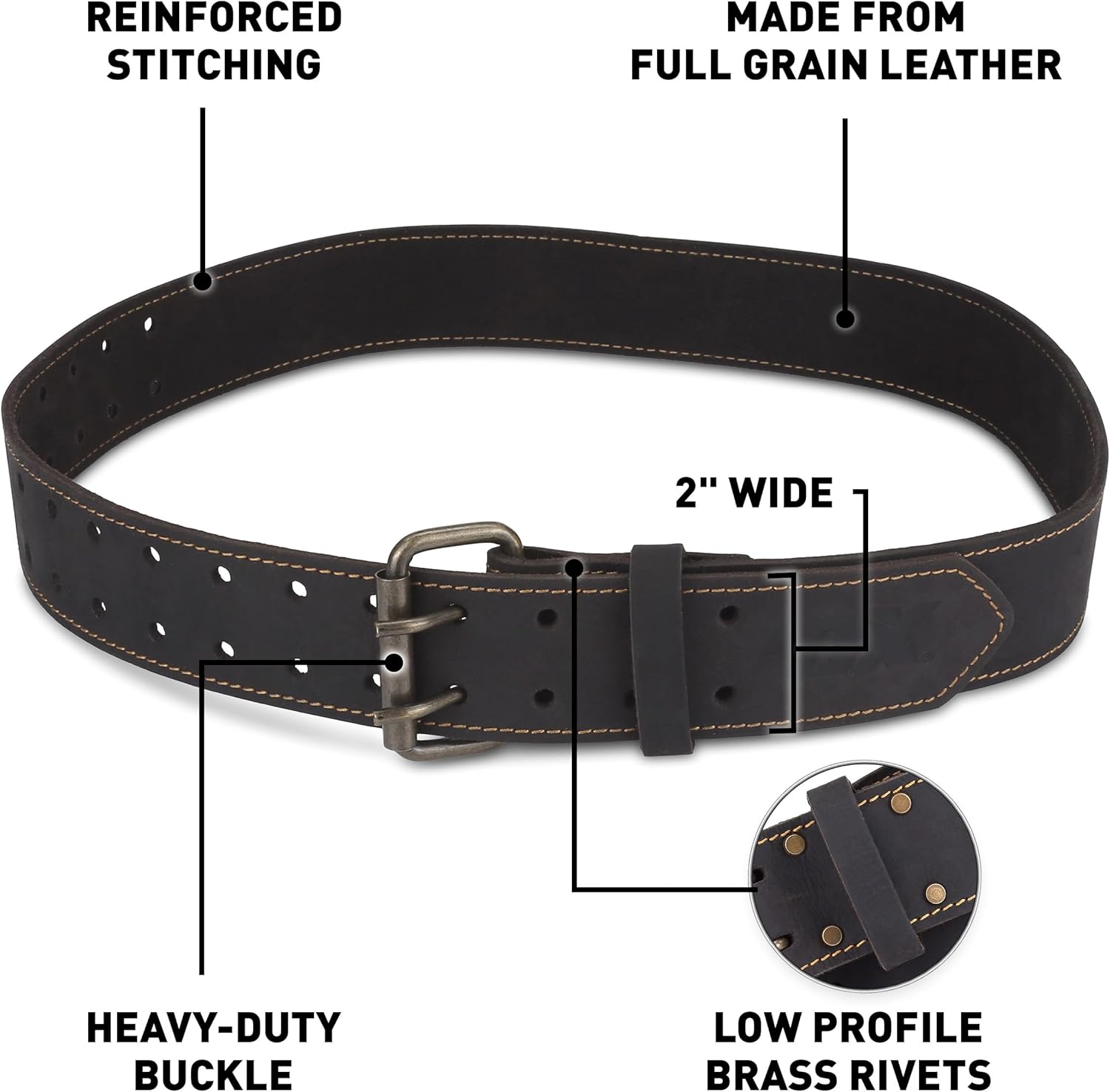 OX Pro 2 Inch Leather Tool Belt - Oil Tanned Full Grain Leather - Perimeter Stitched Construction Belt with Rivets - 28" to 44" Length - Cinturon Para Construccion - Image 2