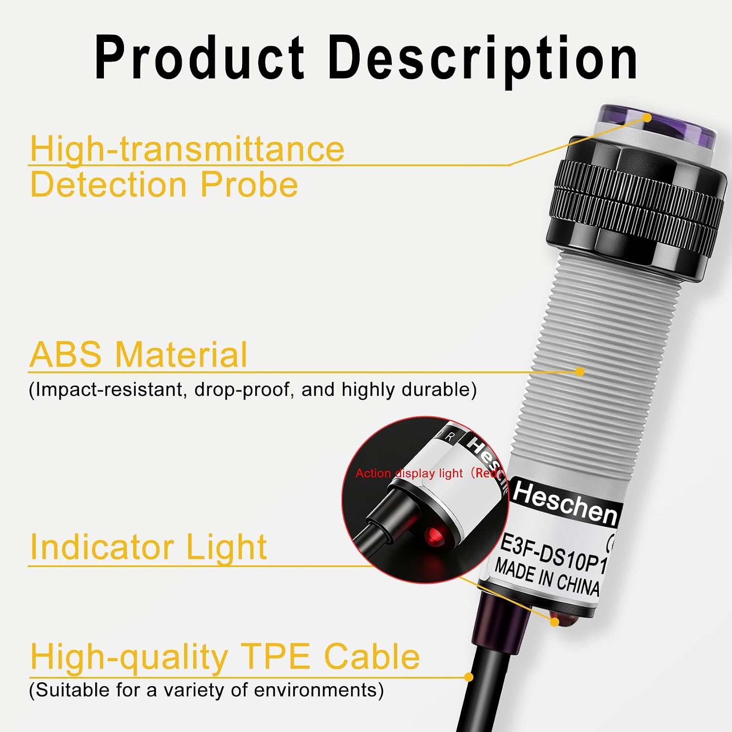 Heschen Photoelectric Sensor E3F-DS10P1 M18 10cm DC 10-30V PNP NO 3-Wire