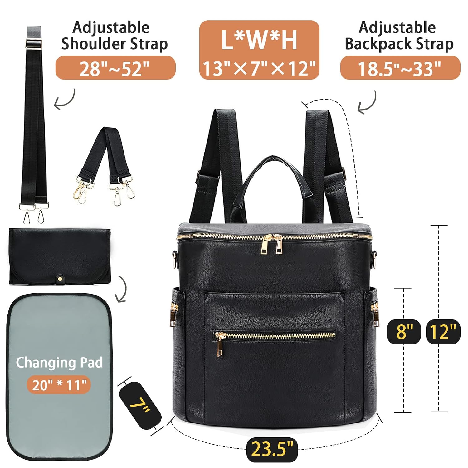 Diaper bag, Leather Diaper Bag Backpack by MF Store, Diaper Backpack with Laptop Sleeve,Changing Pad,Wipes Pouch,Stroller Straps and Insulated Pockets