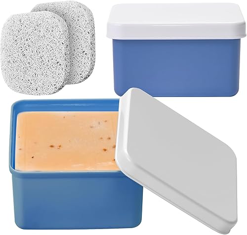 Miniatura 10 de Juego de 2 fundas cuadradas de viaje para jabón, soporte de jabón de plástico azul cielo con tapa, caja de jabón portátil con almohadilla ahorradora