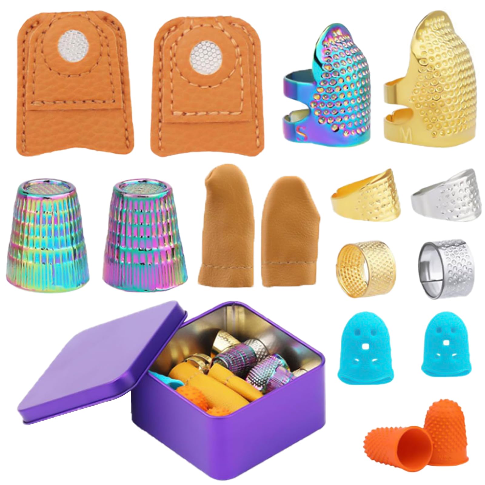Lerpwige Sewing Set Leather Thimble And Sewing Needle Set Finger Tip Guards Metal Protector Coin Thimble Guards Thumb Tips Guard