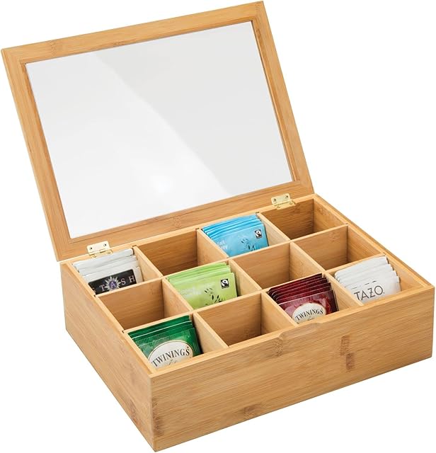 mDesign Tea Box with 12 Compartments  Box for Tea Made of Wood  Practical and Useful Tea Bag Storage with Transparent Lid  Bamboo/Clear