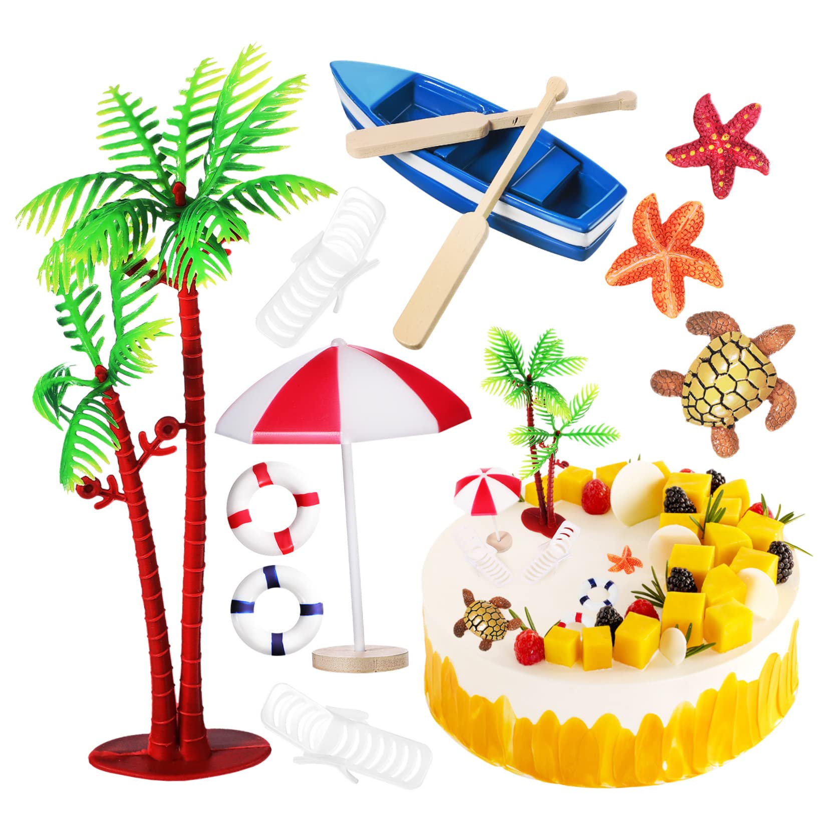 ABOOFAN 10pcs Ocean Themed Cake Decoration Kit Decor Palm Tree Boat Parasol and Chair Accents for Birthday Shower and Sports Events