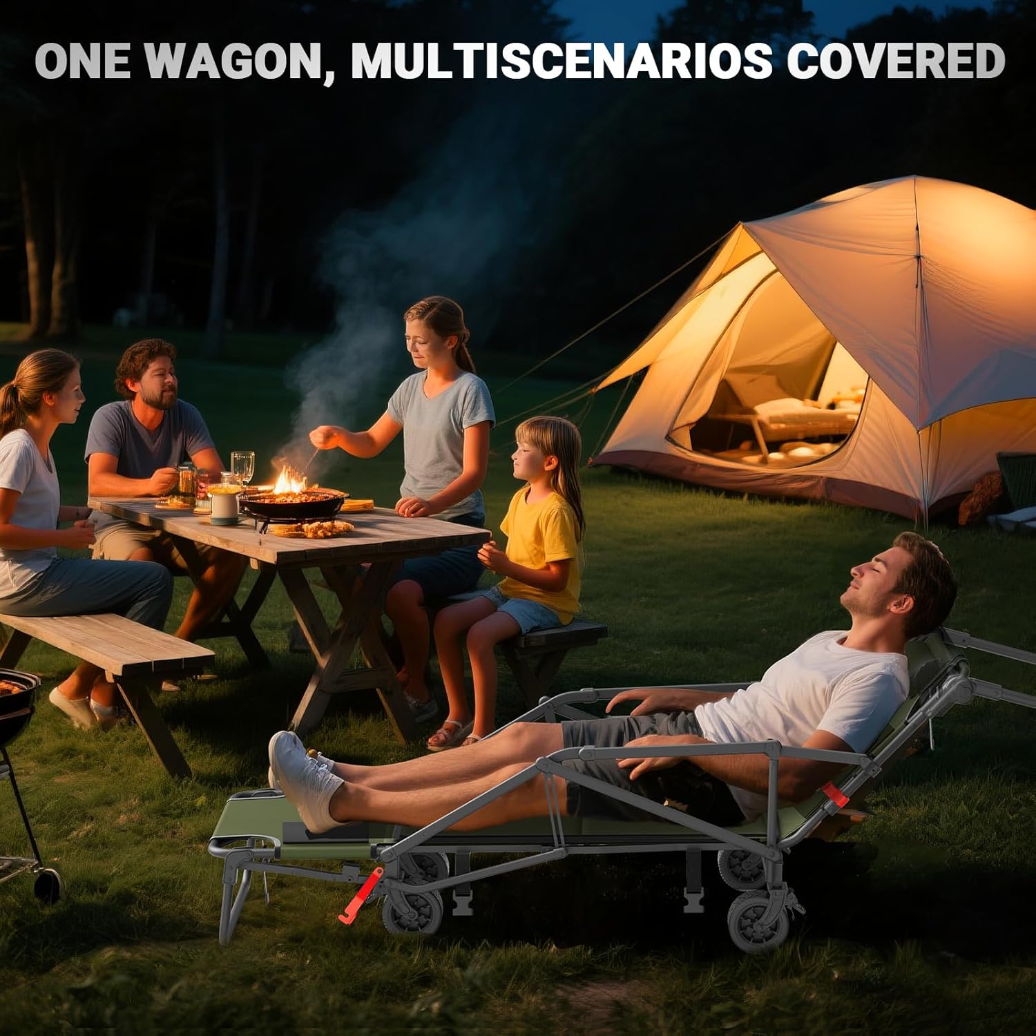 People relaxing at a campsite with the folding wagon converted into a beach lounger