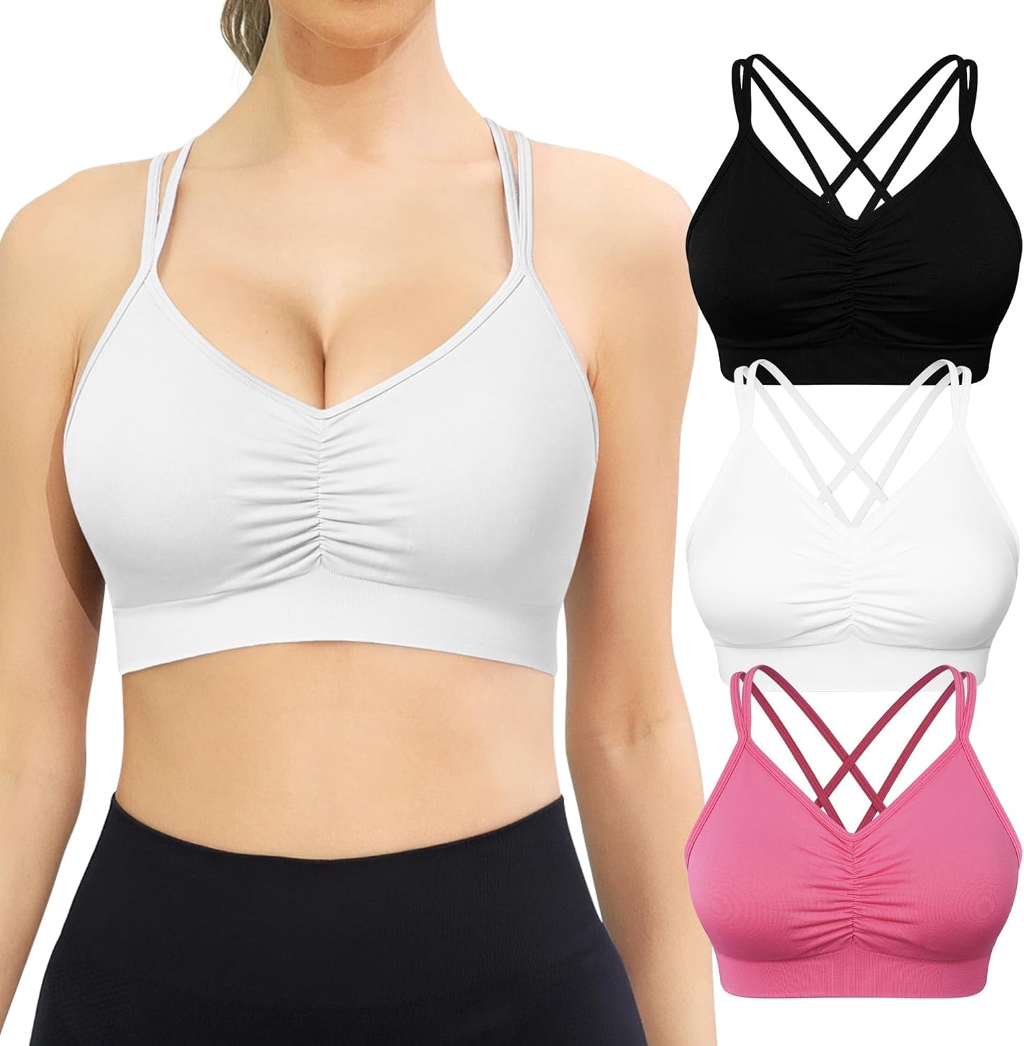 VEQKING Ruched Sports Bras for Women Large Bust, Seamless Padded Strappy Medium Support Yoga Bra, 3 Pack
