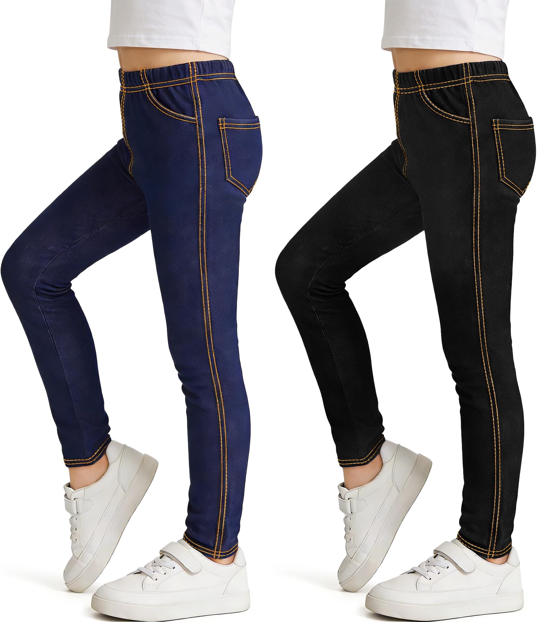 Girls Leggings Jeans-Look, Kids Elastic Waist Full Length Trousers Denim Skinny Fit Stretchy Jeggings with Pockets Pants Casual Wear for Children 6-13 Years Pack of 2