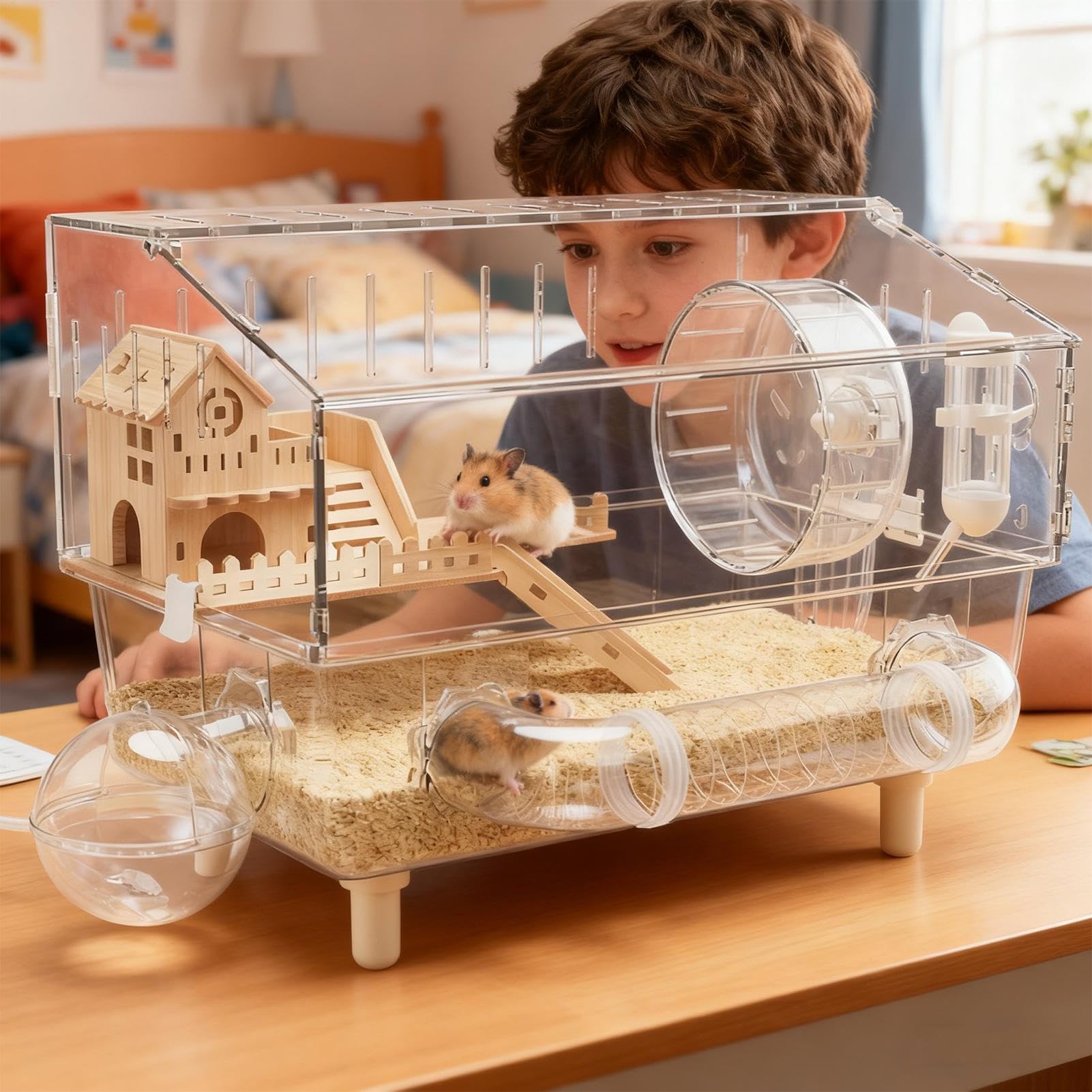Hábitat Para Hámster Hogar De Cría Transparente De 2 Niveles | Jaula para Hurón Acrílica de 45x28x34 centímetros Para Monitorear Cría Erizo Hurón Chinchilla Mascota Pequeña En