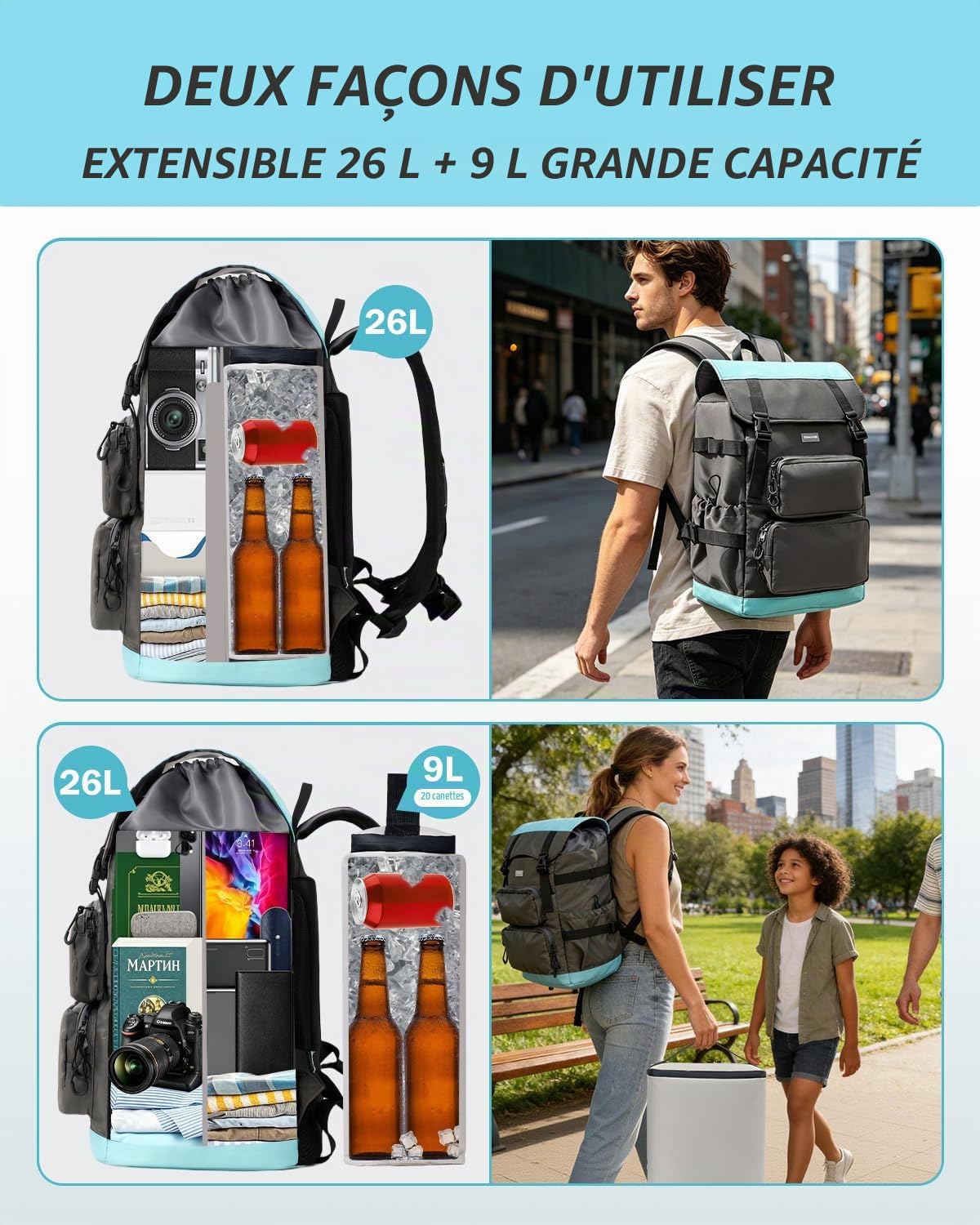 Odoland Sac à Dos Isotherme 2 en 1 – Sac Glaciere Isotherme 9L Séparable + Sac à Dos 26L, Maintient 10 Heures au Frais, Étanche & Antifuite, Léger pour Pique Nique, Camping, Plage