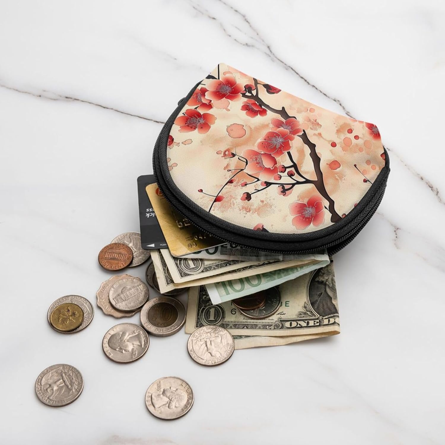 Japanese Plum Floral Printed Coin Purse for Women Cute Small Change Wallet Mini Coin Purses Pouch with Zipper