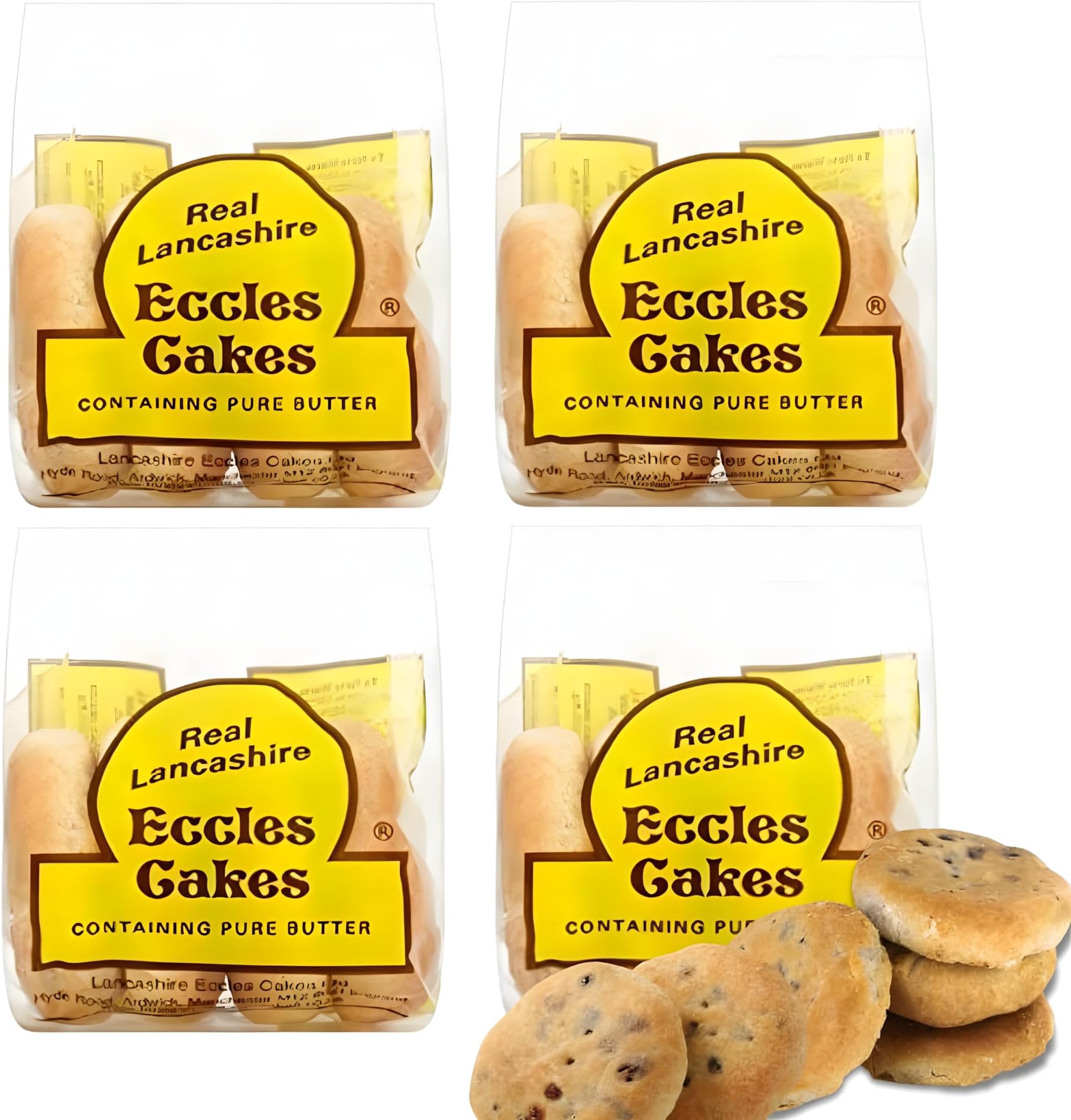 Real Lancashire Eccles Cake - 4 Cakes (Pack of 4) | British Snacks Made with Pure Butter & Dried Currants | Traditional & Delicious Fruity Cake for Tea Time Snack | 5.29 Oz/150g