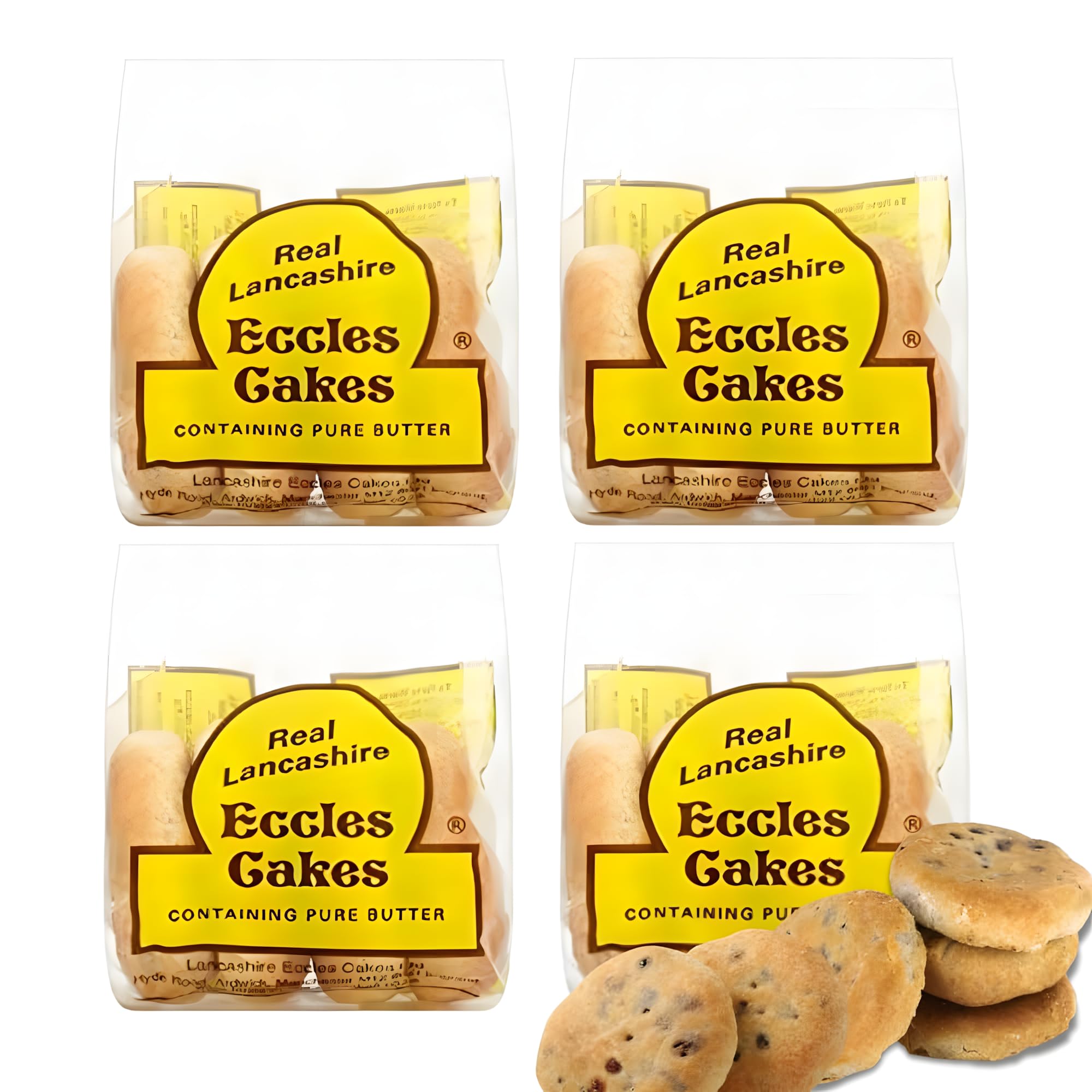 Real Lancashire Eccles Cake - 4 Cakes (Pack of 4) | British Snacks Made with Pure Butter & Dried Currants | Traditional & Delicious Fruity Cake for Tea Time Snack | 5.29 Oz/150g