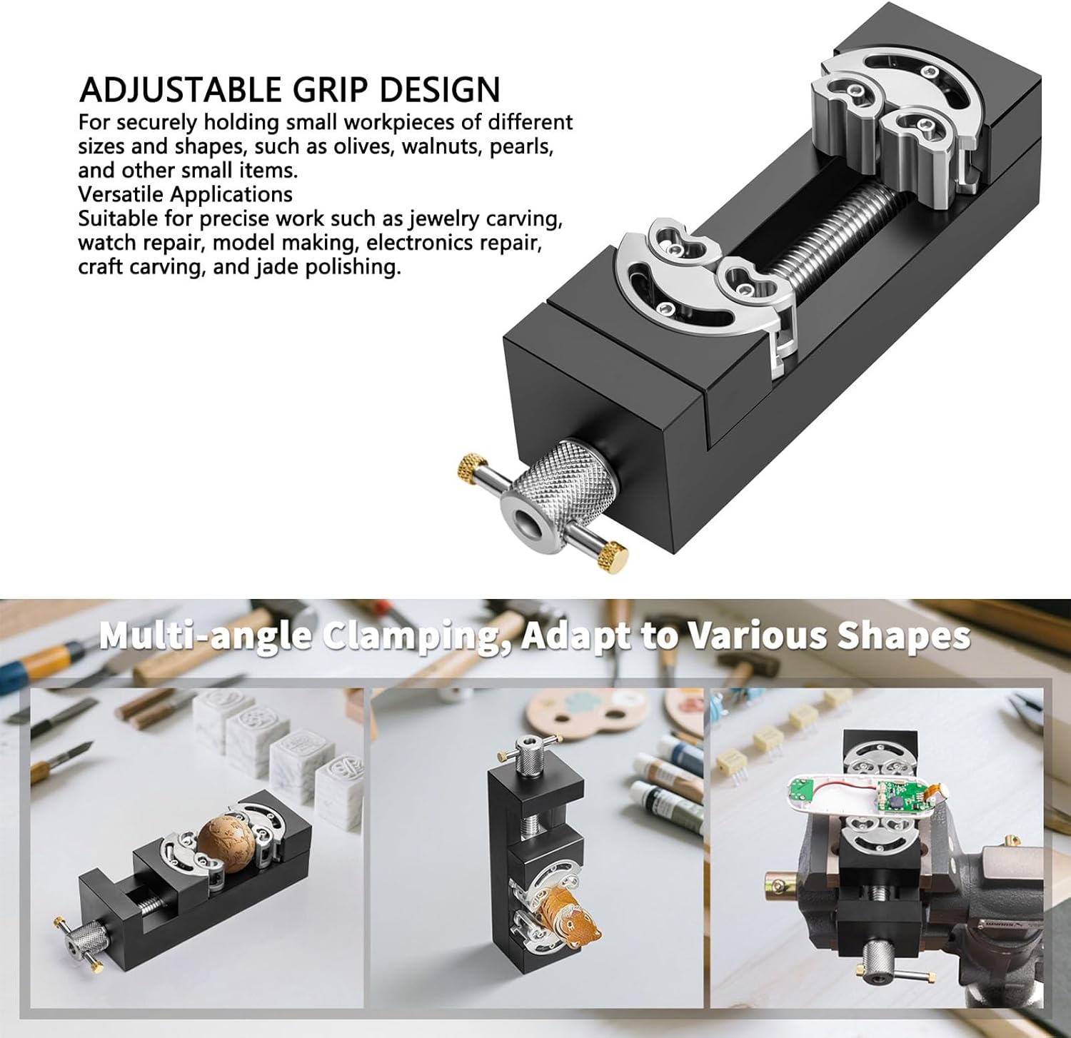 YWBL-WH Mini Vise Clamp, Self Adjusting Vise with Adaptable Jaws for Jewelry Making, Modeling, Watch Repair, Aluminum Alloy Stainless Steel, Holds Up to 62mm