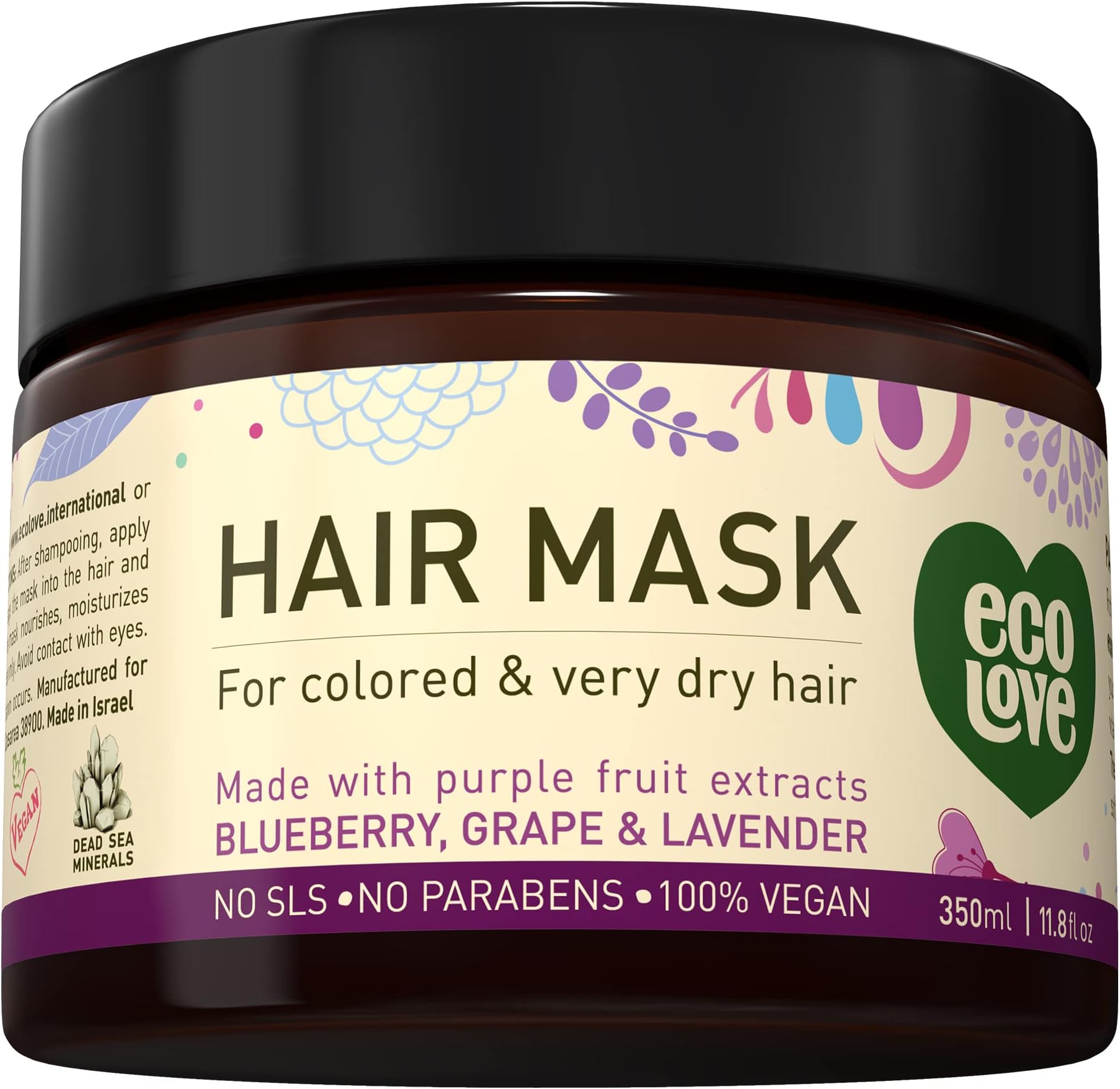 ecoLove Hair Mask for Dry Damaged Hair, Natural Hair Mask Deep Conditioning, 11.8 oz - Vegan and Cruelty-Free, With Lavender Extract, Organic Ingredients, SLS and Parabens Free