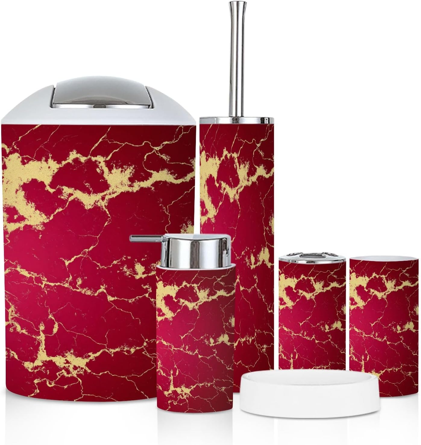 Bathroom Accessory Set 6 Piece Modern red Golden Maroon Gold Marble Texture Golden Veins Trash can, Toothbrush Holder, Soap Dispenser, Soap Dish, Toothbrush Cup, Toilet Brush Holder
