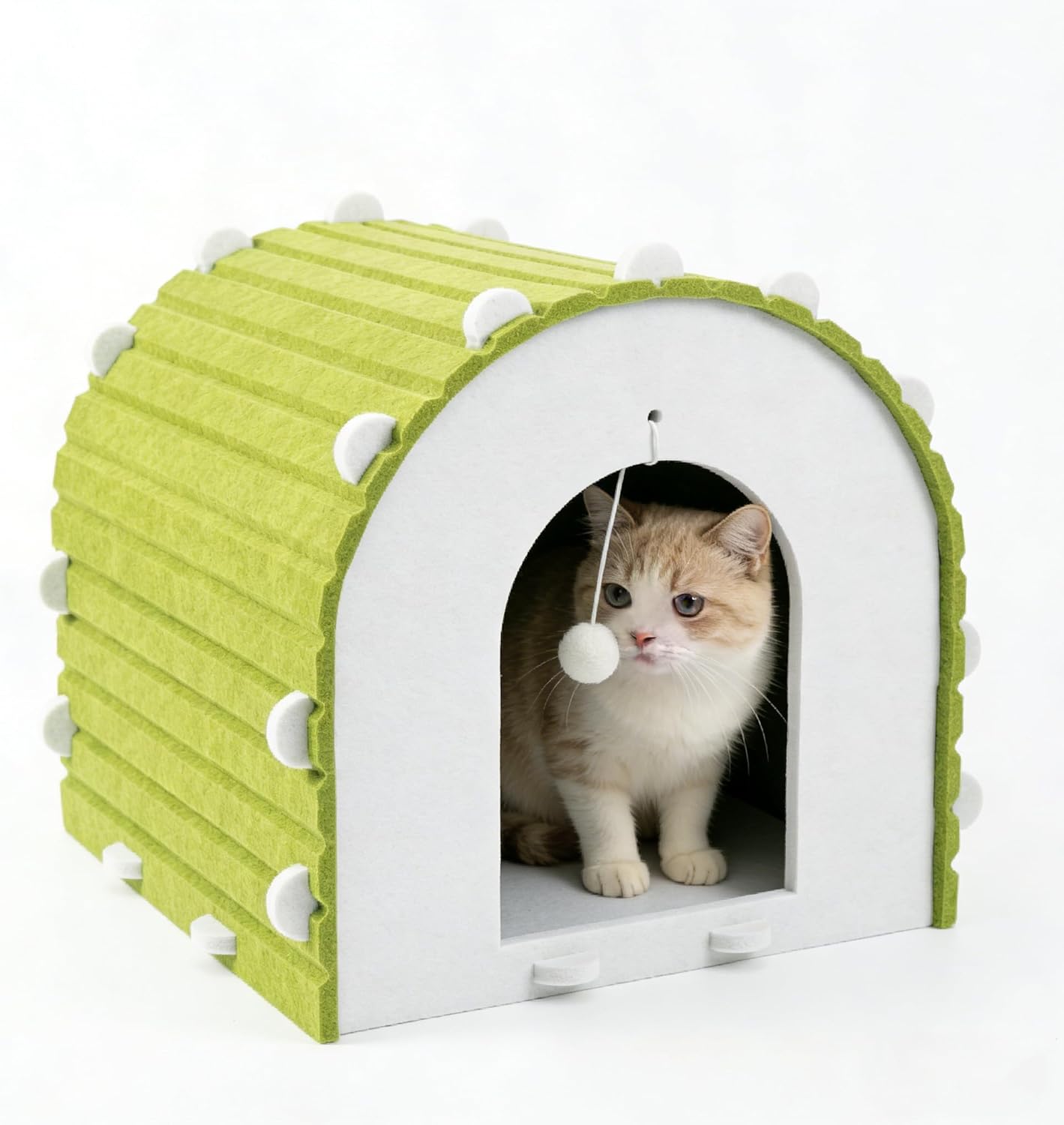 Thick Felt Cat House with Hanging Ball Toy, Foldable Washable Cat Bed for Indoor Cats (Camel)