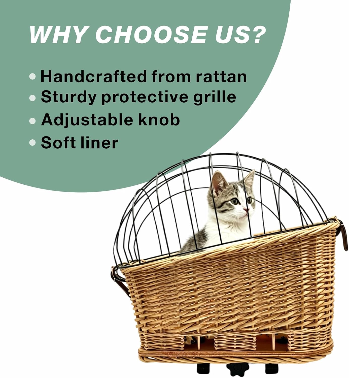 Wicker Dog Bike Basket with Protective Grille, Rear Carrier for Small Pet | Pet Rider Seat for Bike, Rear Mount Bicycle Basket Carrier, Rattan Wicker Small Dogs&Cats Carrier for Daily Use Rides Travel