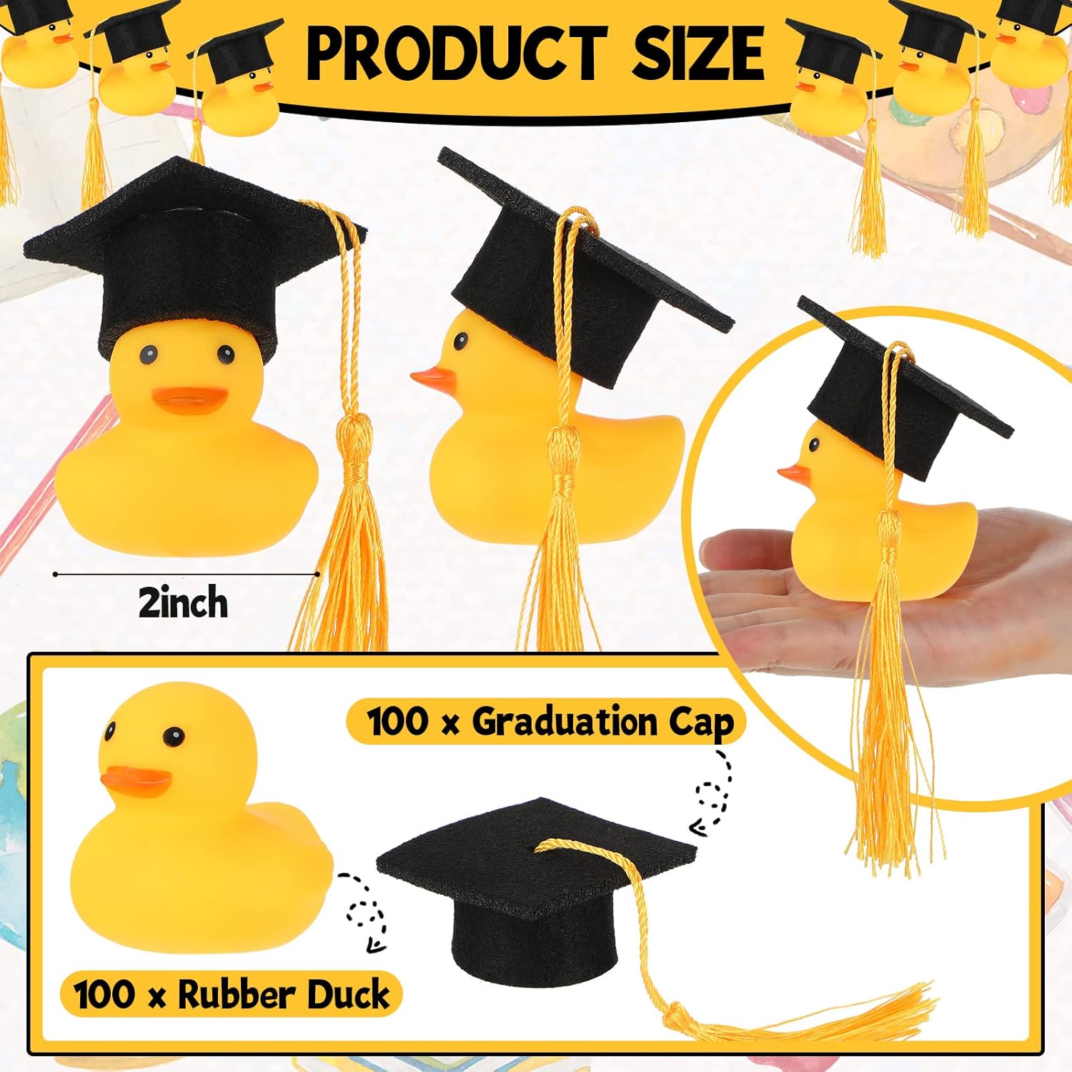 Jerify 100 Pcs Graduation Rubber Ducks with Cap 2026 Graduation Party Bath Rubber Duck Car Duck for Grad Gifts Party Car Dashboard Decoration(Gold Tassel)