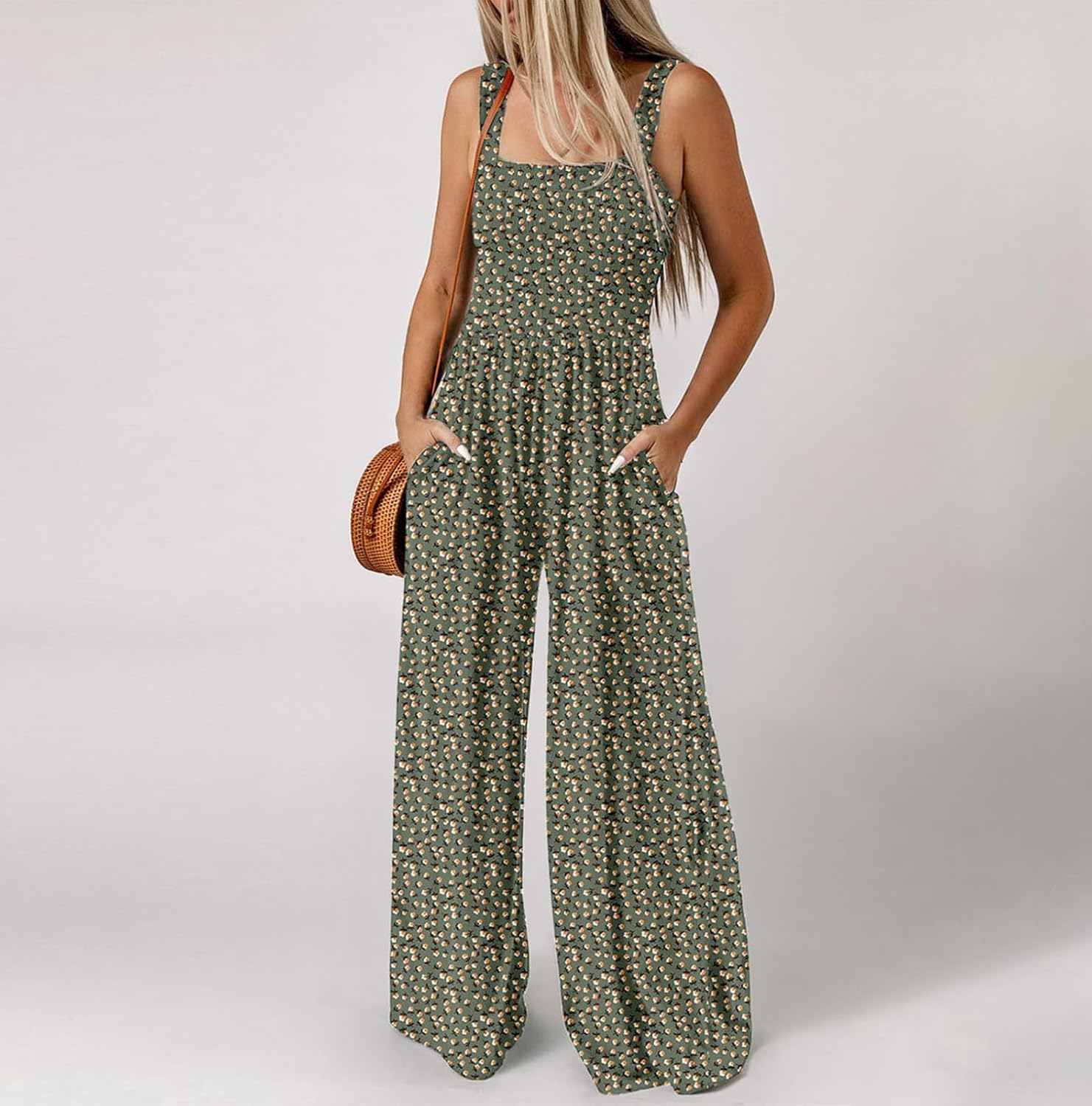 Women Floral Loose Fit Pants Overalls Rompers for Women Pleated Flare Wide Leg Summer Fall Pants 2026