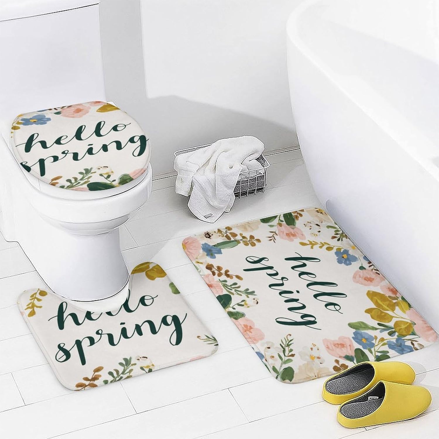 4 Piece Bath Set Spring Floral Leaves Bathroom Sets Spring Flower Wildflower with Rugs Bath Accessories with Mats Toilet Lid Cover with 12 Hooks Housewarming Gift image 4
