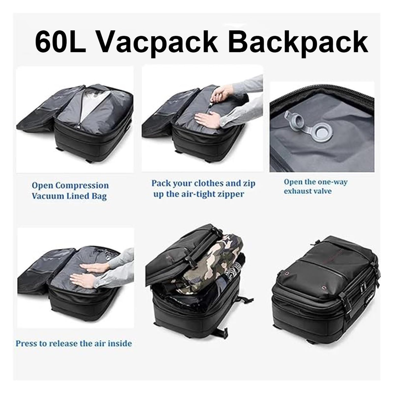 Sac À Dos Airbag avec Système De Vide, Sac À Dos Extensible De 60 L, Compression sous Vide for Hommes, Femmes, Affaires, Aventure en Plein Air(Gray,Manual Press)