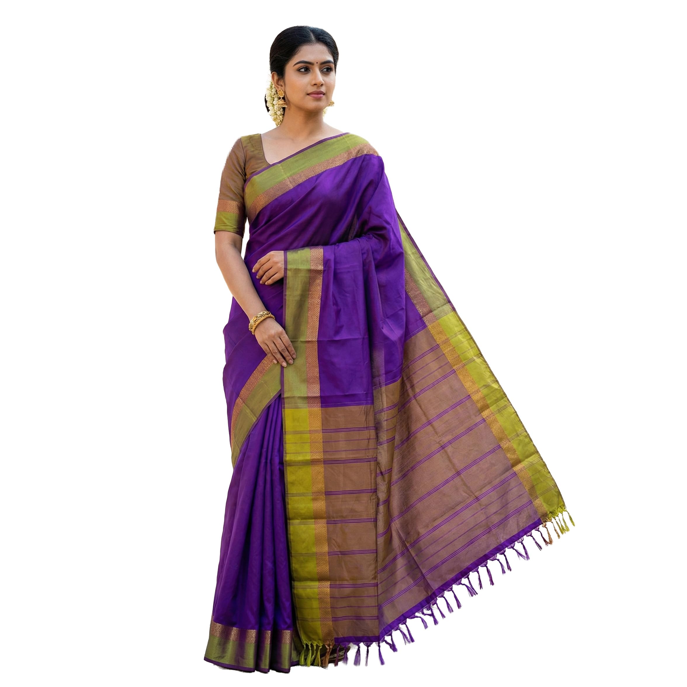 Traditional Handloom Pure Silk Saree for Women, Purple and Green Border Design, Elegant with Tassels Royal Purple Soft Silk Saree with Contrast Olive-Golden Zari Border-picture-30