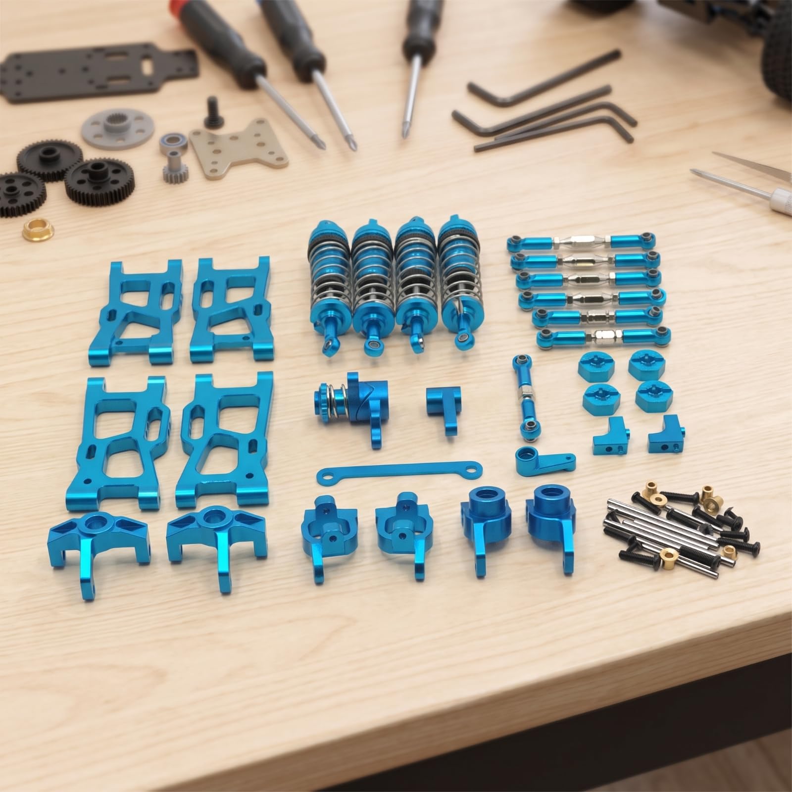 Componenti per Veicoli in Kit di Upgrade Parti Auto RC Ammortizzatori Snodi Sterzo Blocchi C Posteriori Tiranti Assieme Sterzante in Metallo Adatti a, Array, Blu