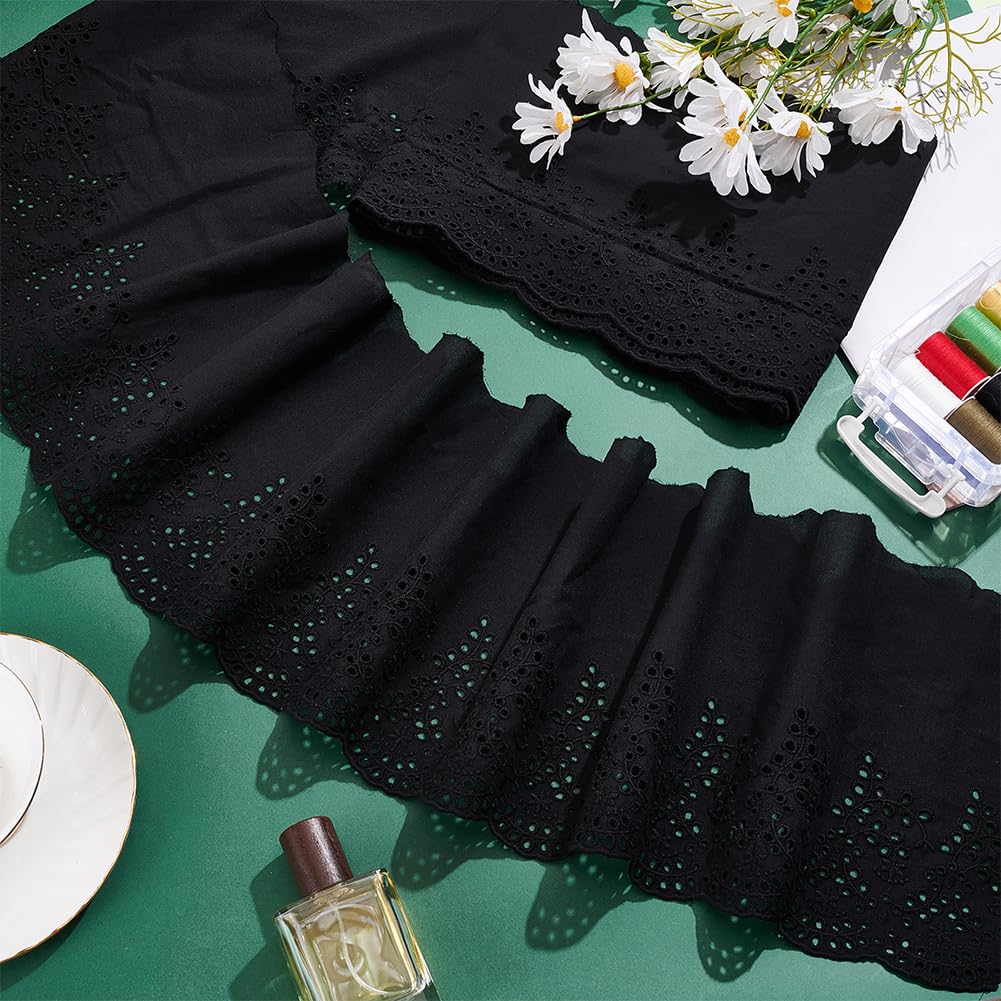 MAYJOYDIY 4,6 m × 20,5 cm, ribete de encaje de algodón con ojales, borde ondulado, borde negro, cinta de encaje floral con volantes florales para coser vestidos, ropa, bolsos, regalo