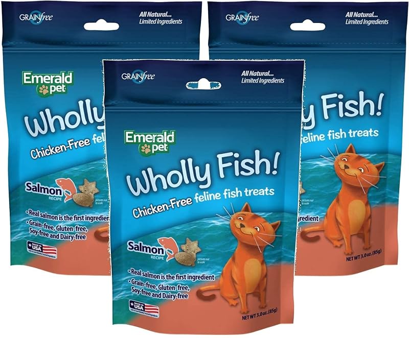 Petisco para gatos com salmão real Emerald Pet, wafer crocante, pacote com 3 de 85 g