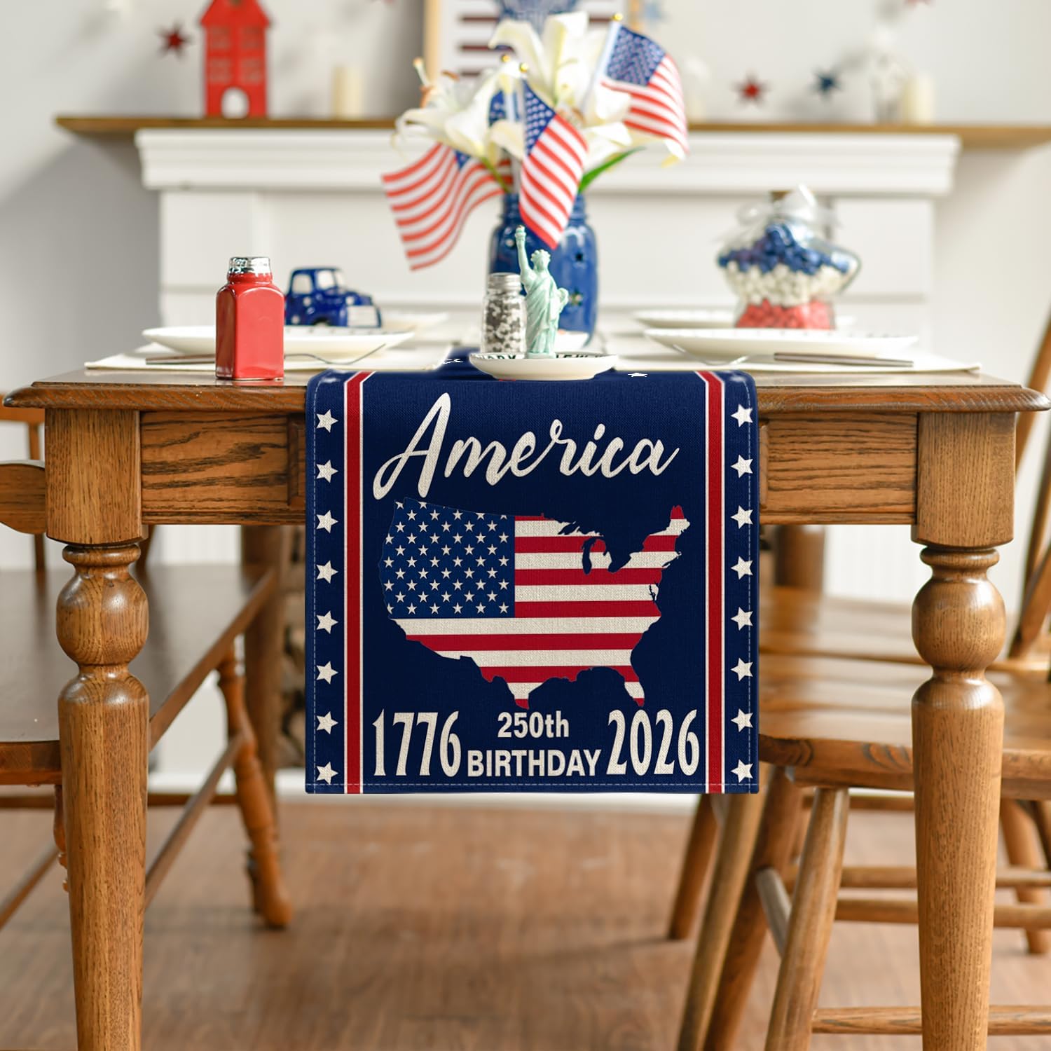 Artoid Mode United States America 250th Flag Table Runner, with Honor and Respect Patriotic Kitchen Dining Table Decoration for Home Party Decor 13x72 Inch