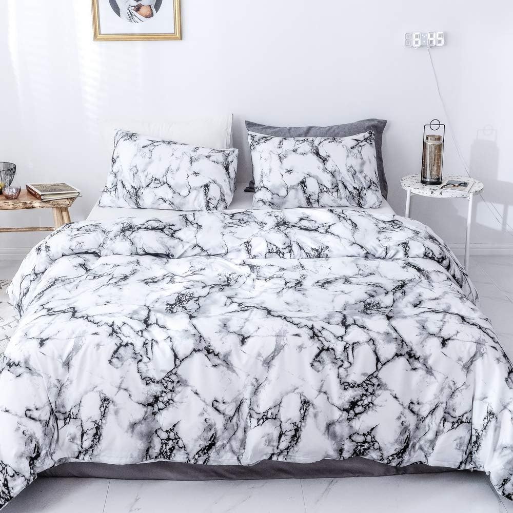 JANZAA 3 PCS Duvet Cover Set Queen Marble Pattern Printed White Soft Microfiber Bedding Set with Zipper Closure,Queen (White Marble,Queen)