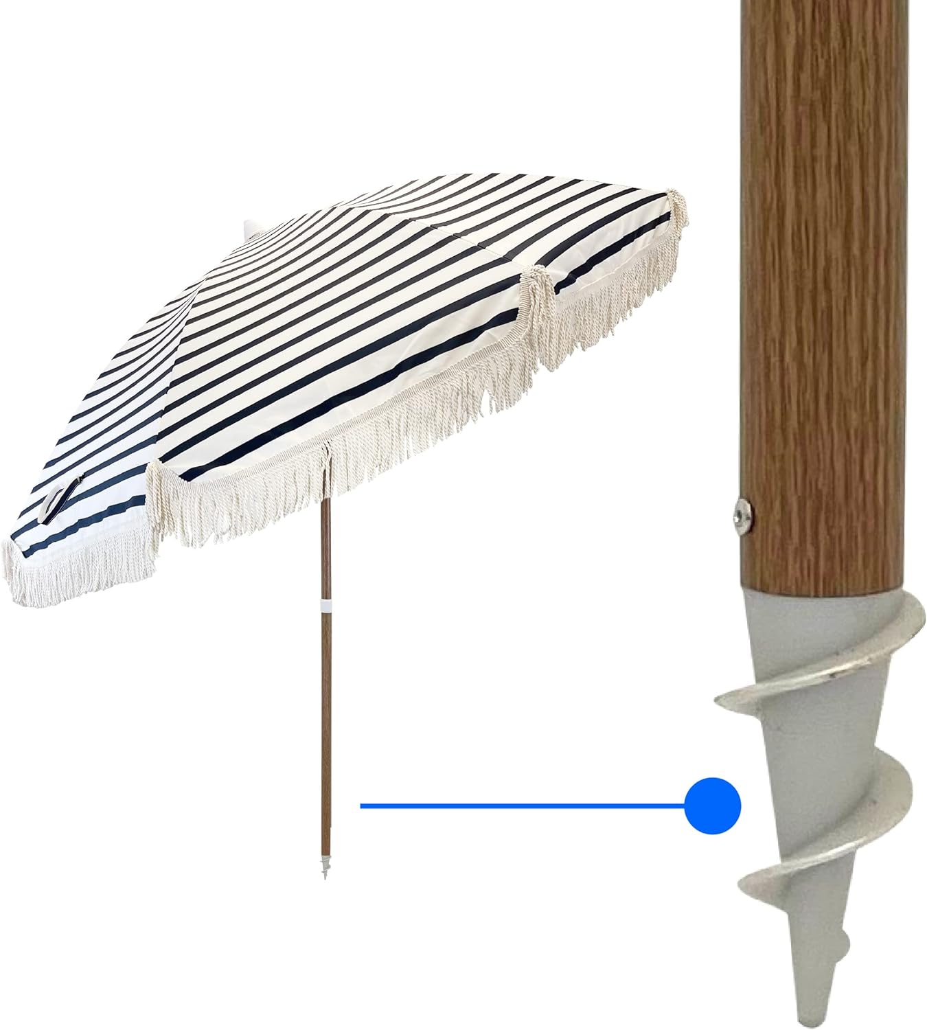 EasyGoProducts Beach 7 Foot – Designer Umbrella Fringed Tassels – Wood Grain Steel Pole – Tilt Function – Ground Stake-UPF 50+ UV Sun Protection-Exotic Tan Color Striped – Carry Bag