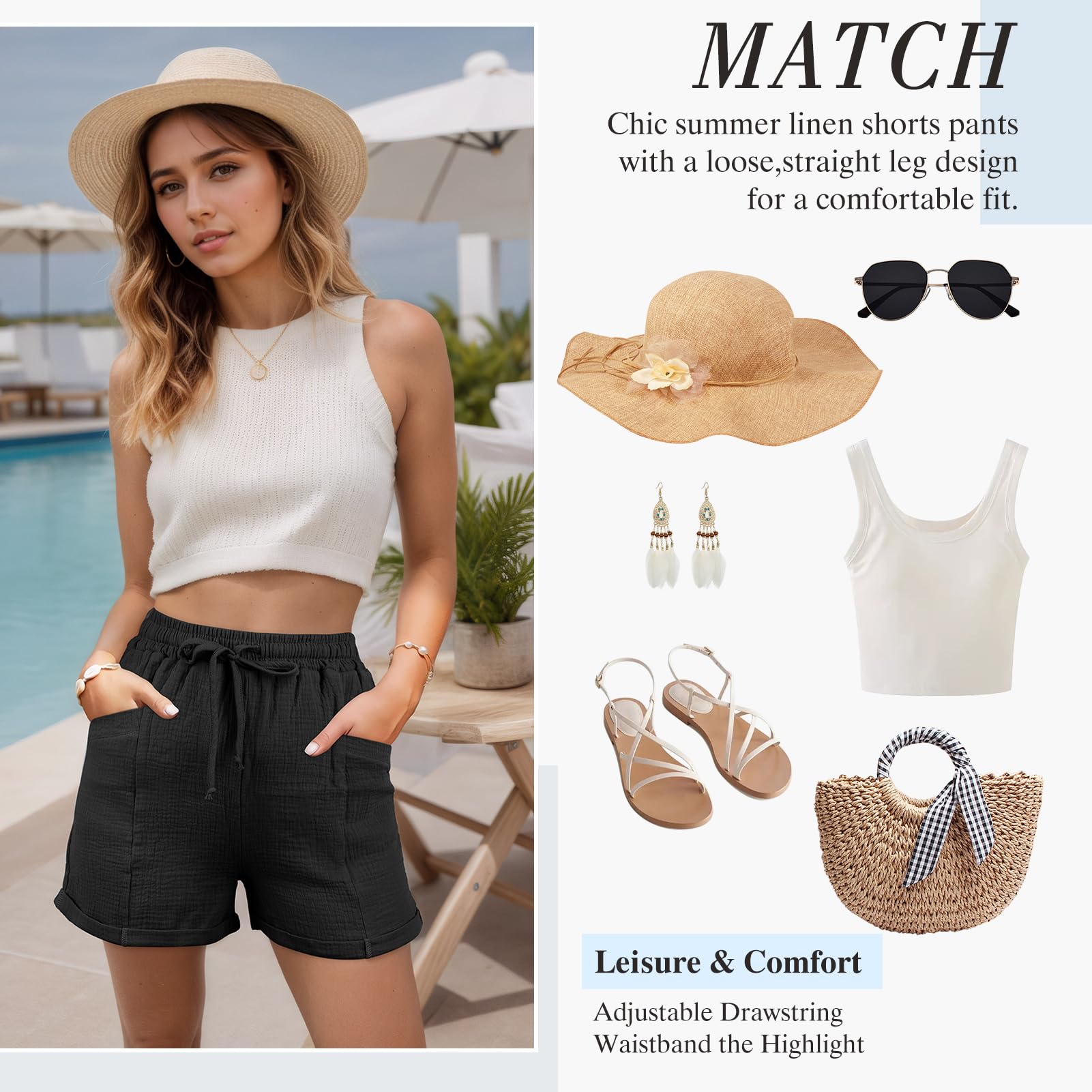 Musselin Kurze Hose Damen Sommer Leinen Shorts Damen Baumwolle Weite Kurze Hosen mit Taschen Lässige Stoffhose mit Kordelzug Leinenhose
