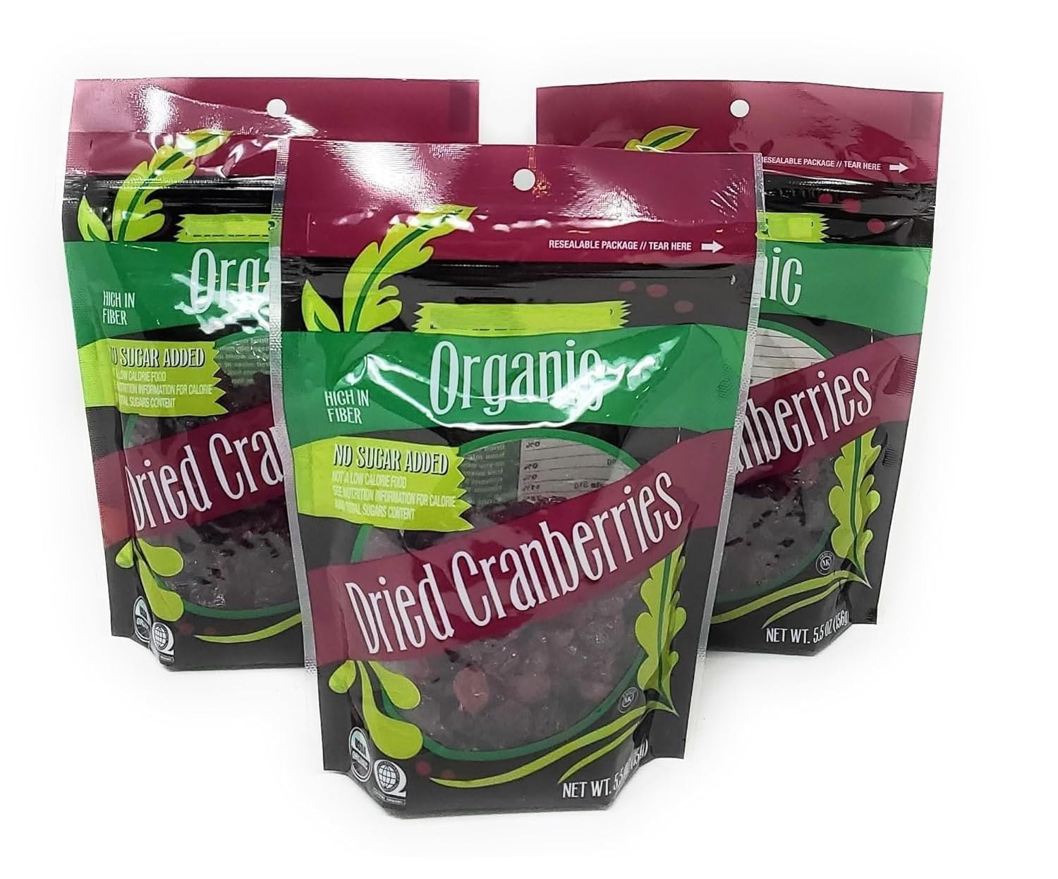 Trader J's Organic Dried Cranberries No Sugar Added, High In Fiber 5.5oz/156g (Pack of 3)