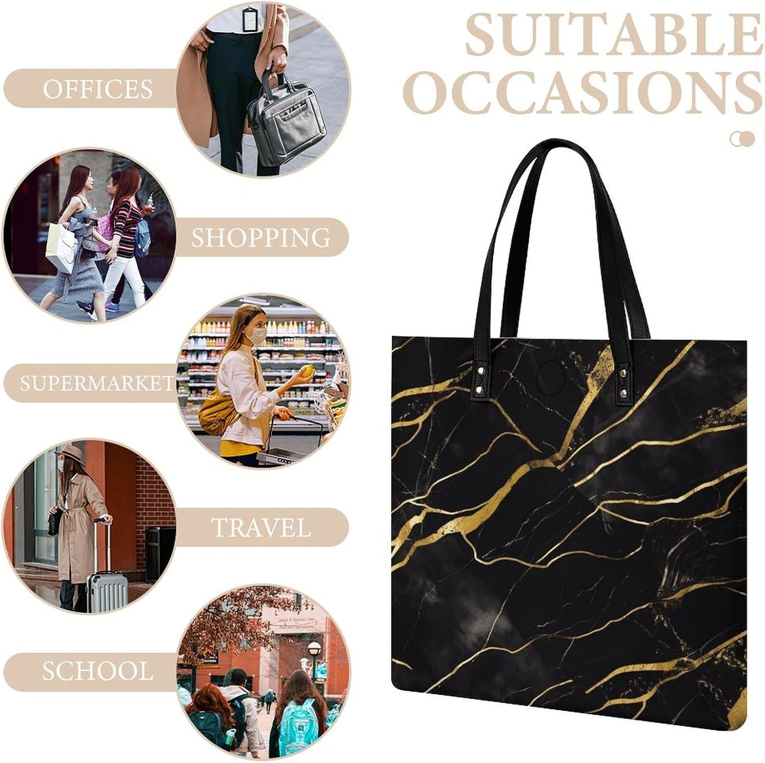 Black And Gold Marble Texture Tote Bag with Magnetic Buckle Reusable Grocery Bags Lightweight Cross Body Handbag for Daily Essentials