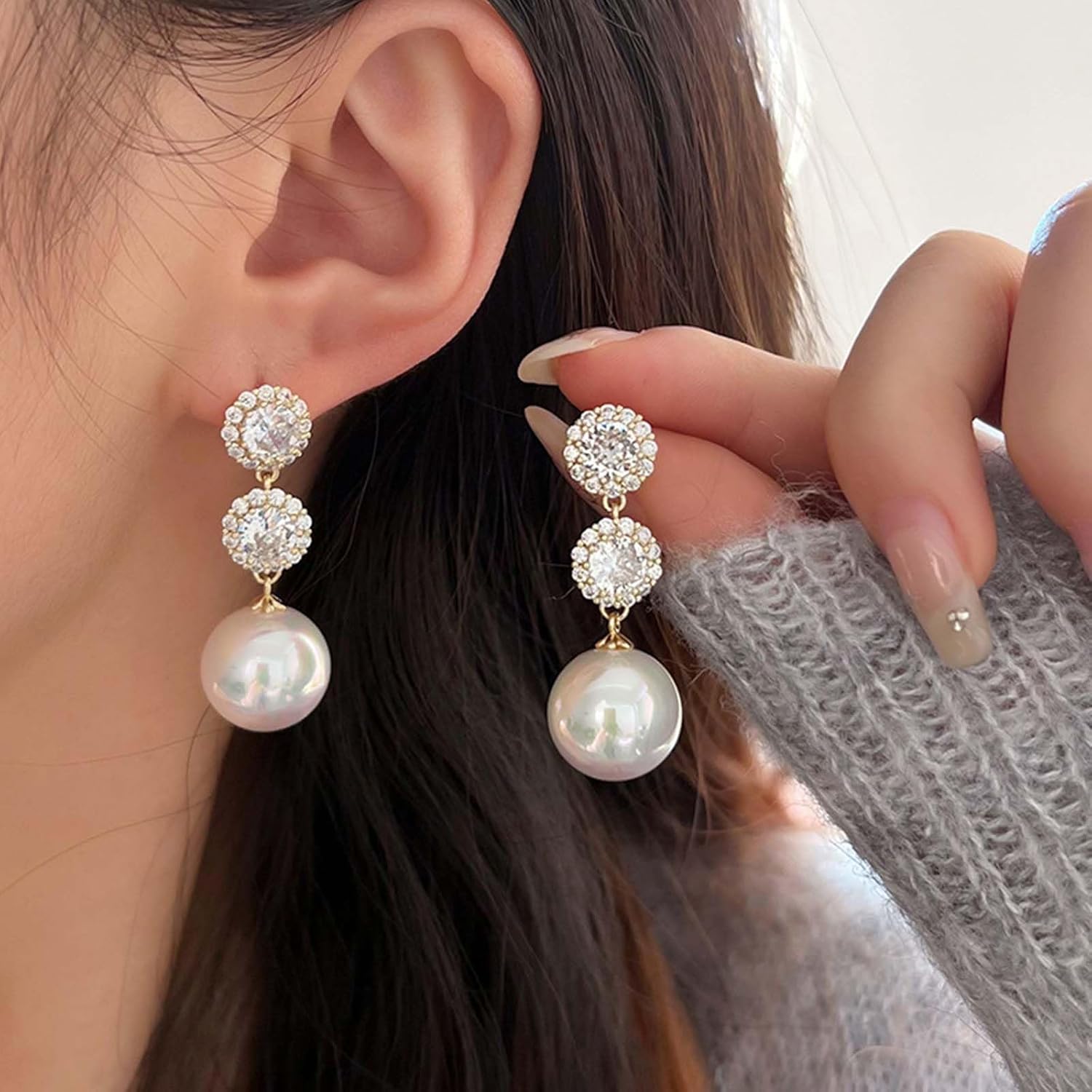 W WEILIRIAN Boho Pearl Drop Earrings Crystal Dangling Earrings Pearl Dangle Earrings Vintage Pearl Bead Earrings Rhinestone Pearl Earrings Jewelry for Women and Girls Gifts - Image 2